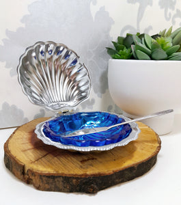 Silver Metal Shell Butter Dish With Blue Glass Liner & Angora EPNS Butter Knife
