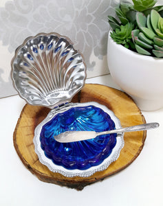 Silver Metal Shell Butter Dish With Blue Glass Liner & Angora EPNS Butter Knife
