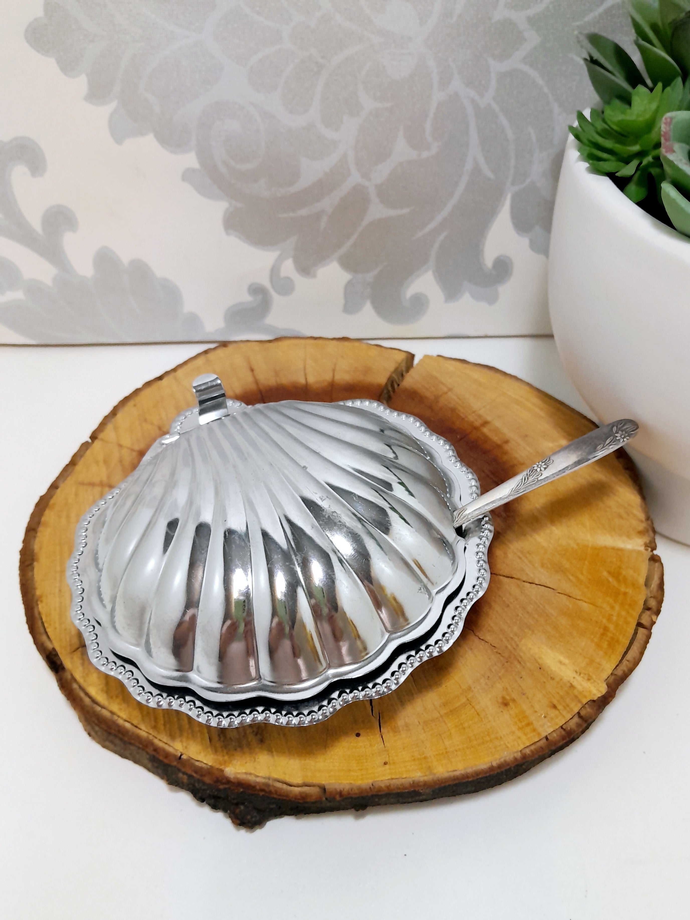 Silver Metal Shell Butter Dish With Blue Glass Liner & Angora EPNS Butter Knife