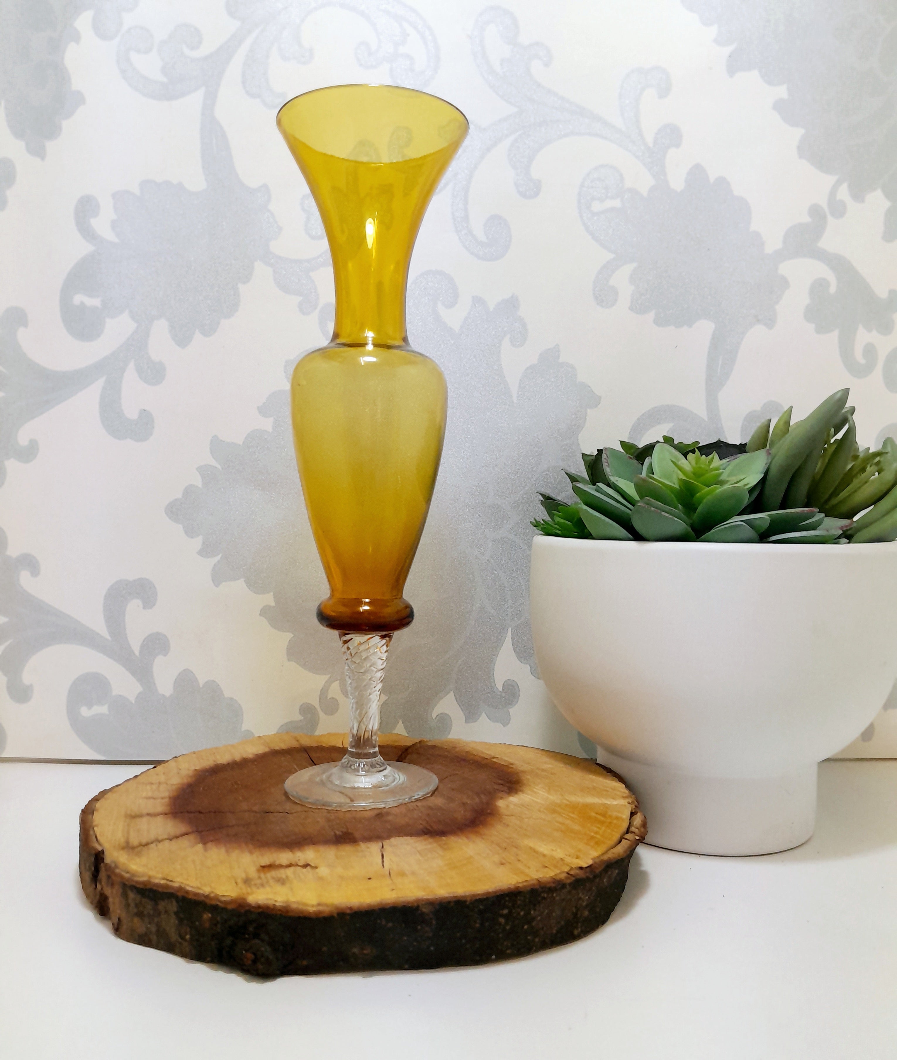 Fluted Amber Glass Vase With Clear Swirl Stem & Base
