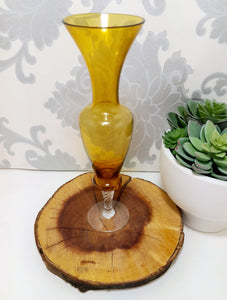 Fluted Amber Glass Vase With Clear Swirl Stem & Base