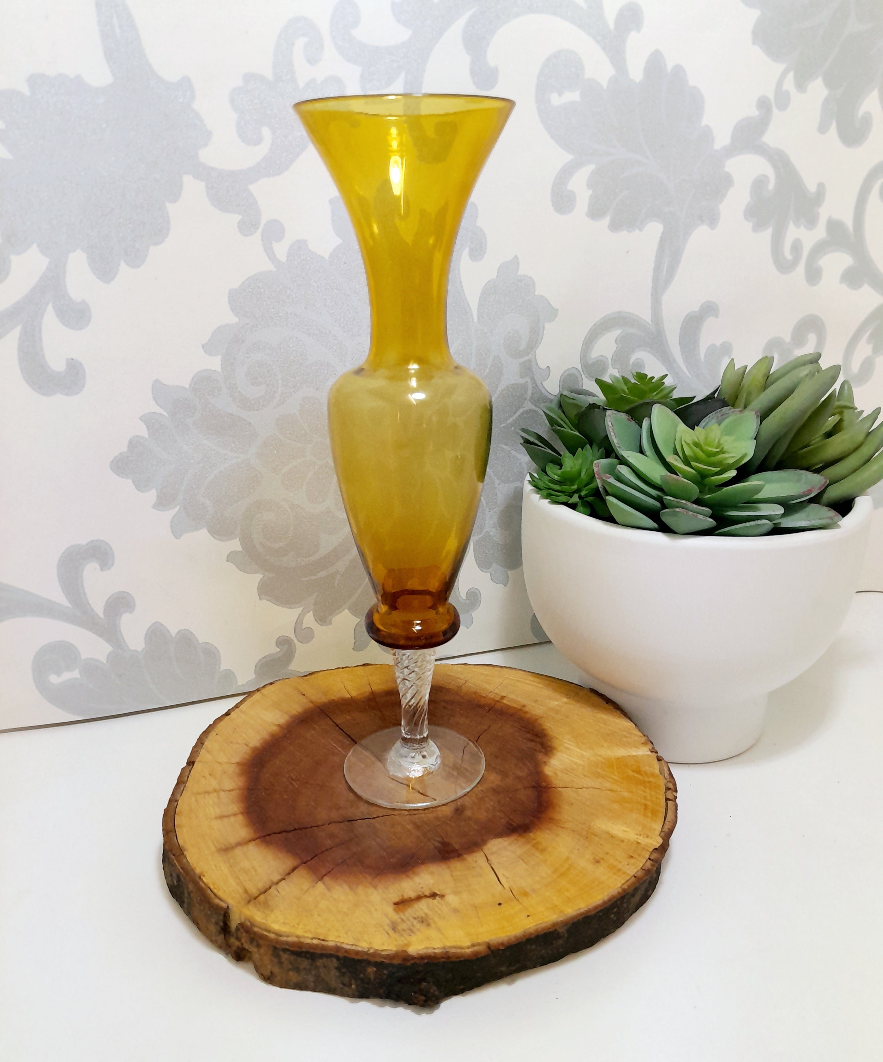 Fluted Amber Glass Vase With Clear Swirl Stem & Base