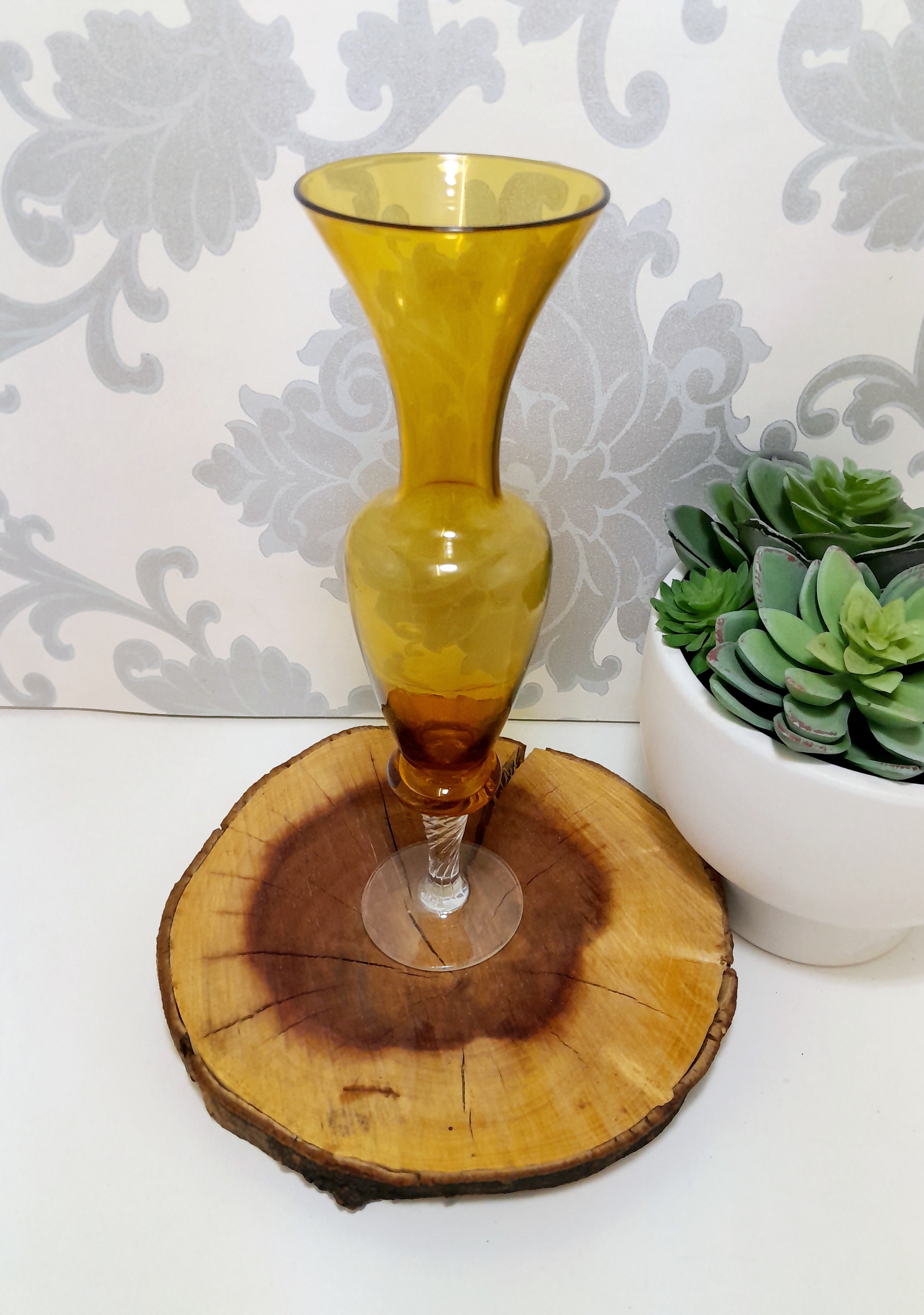 Fluted Amber Glass Vase With Clear Swirl Stem & Base