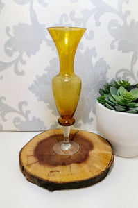 Fluted Amber Glass Vase With Clear Swirl Stem & Base
