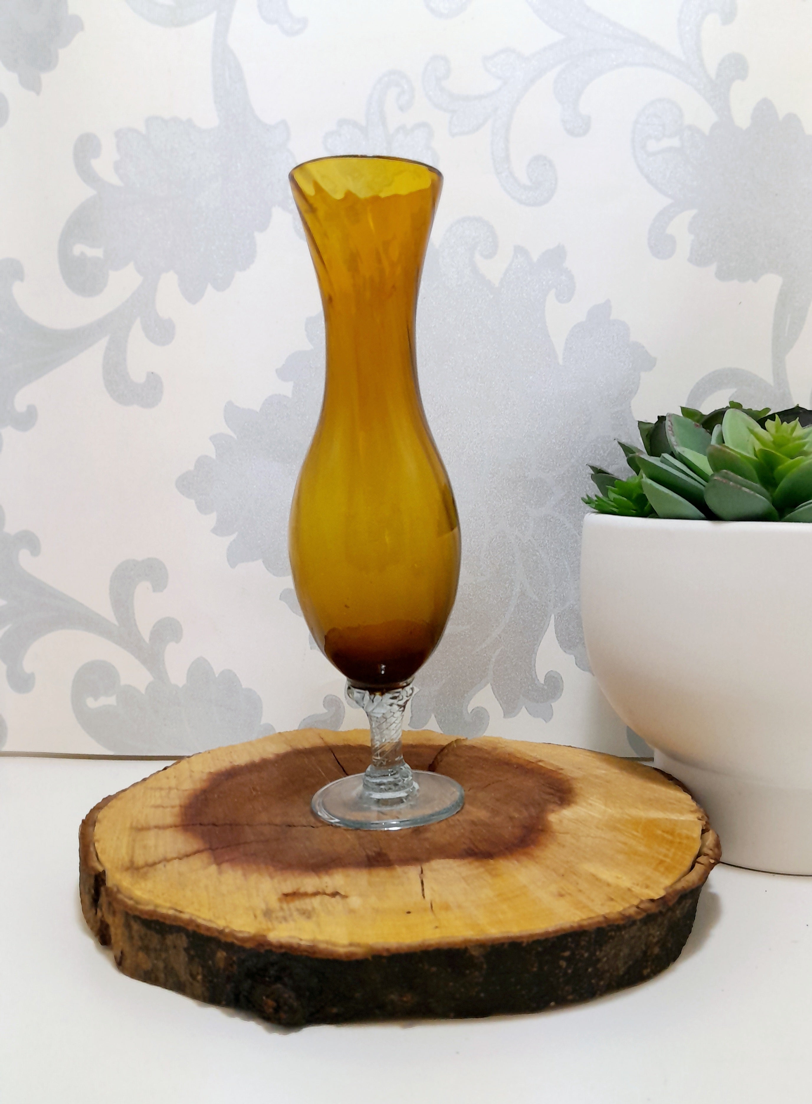 Swirled Amber Glass Bud Vase With Clear Swirl Stem & Base