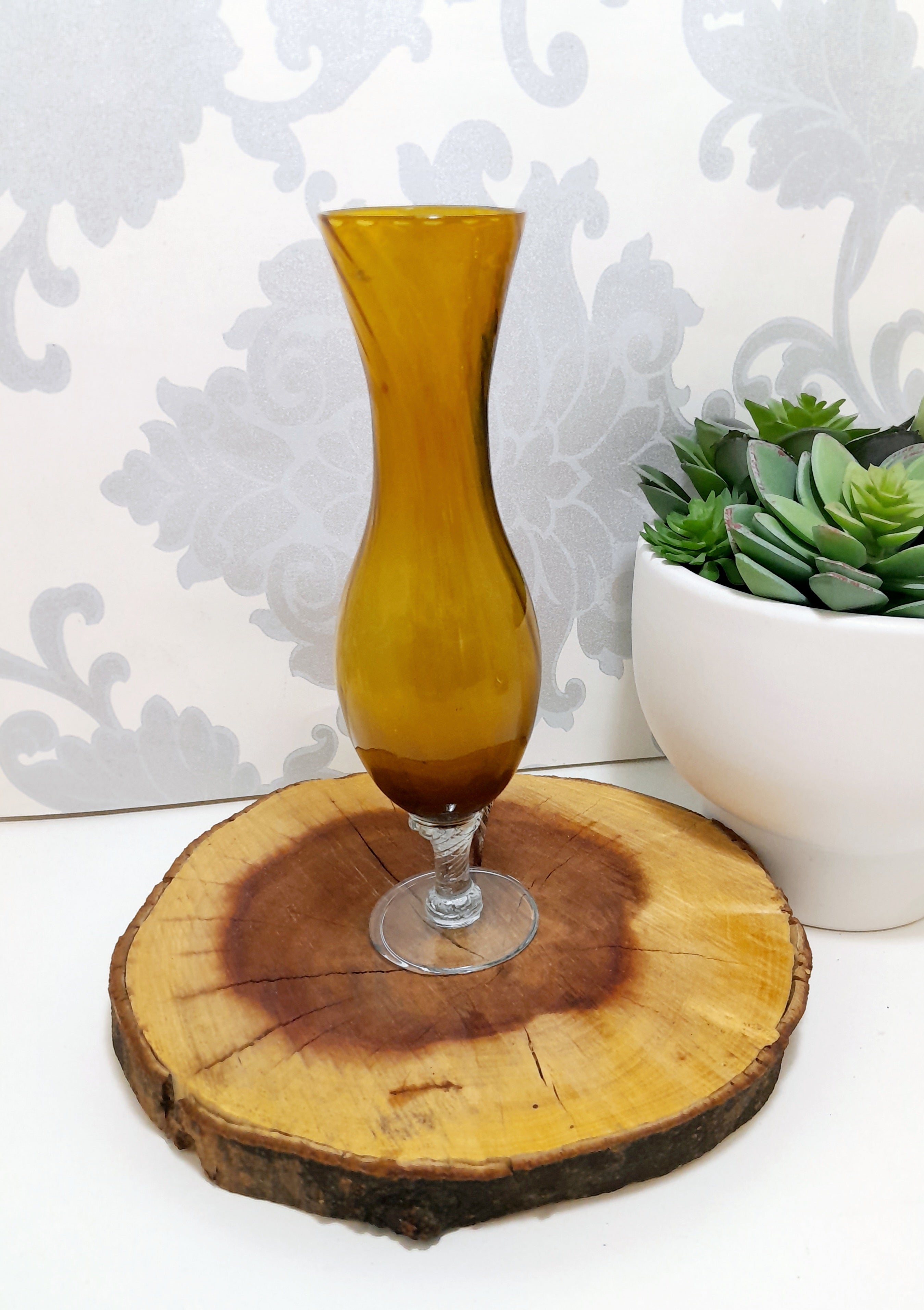 Swirled Amber Glass Bud Vase With Clear Swirl Stem & Base
