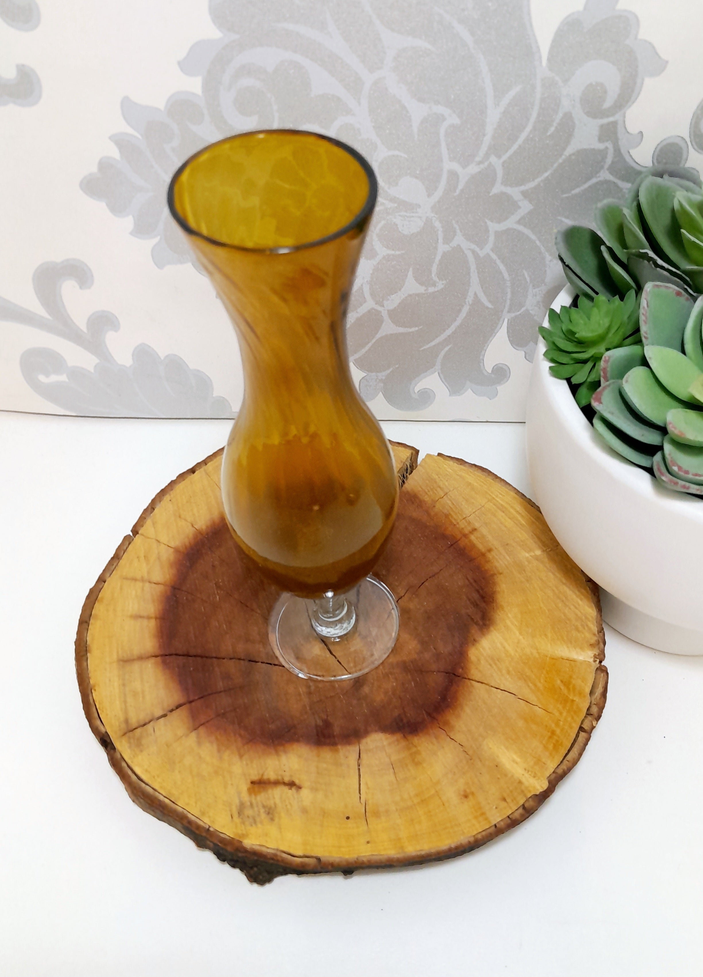 Swirled Amber Glass Bud Vase With Clear Swirl Stem & Base