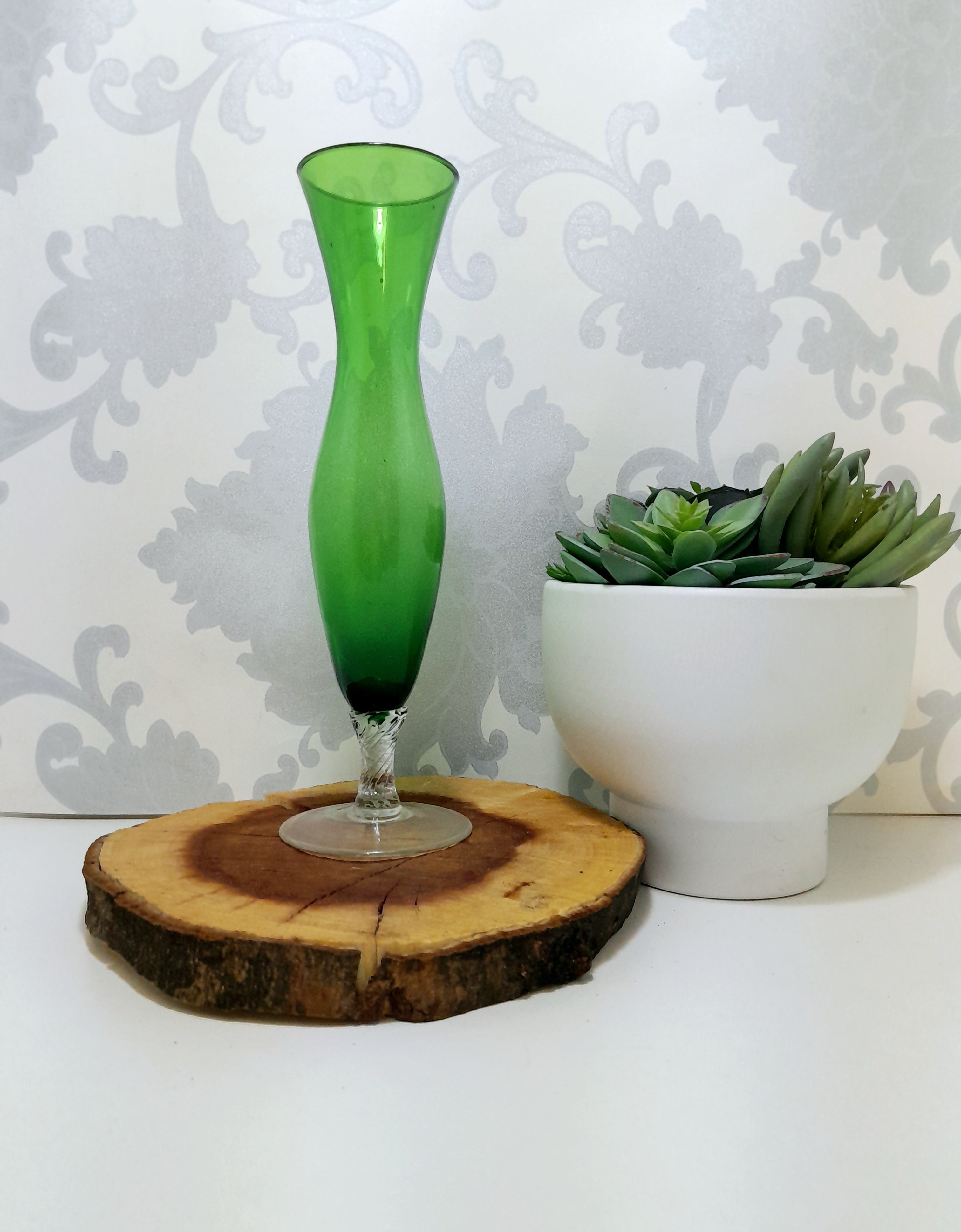 Vintage Green Glass Fluted Vase On Clear Swirl Stem