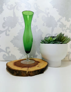 Vintage Green Glass Fluted Vase On Clear Swirl Stem