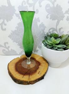 Vintage Green Glass Fluted Vase On Clear Swirl Stem