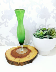 Vintage Green Glass Fluted Vase On Clear Swirl Stem