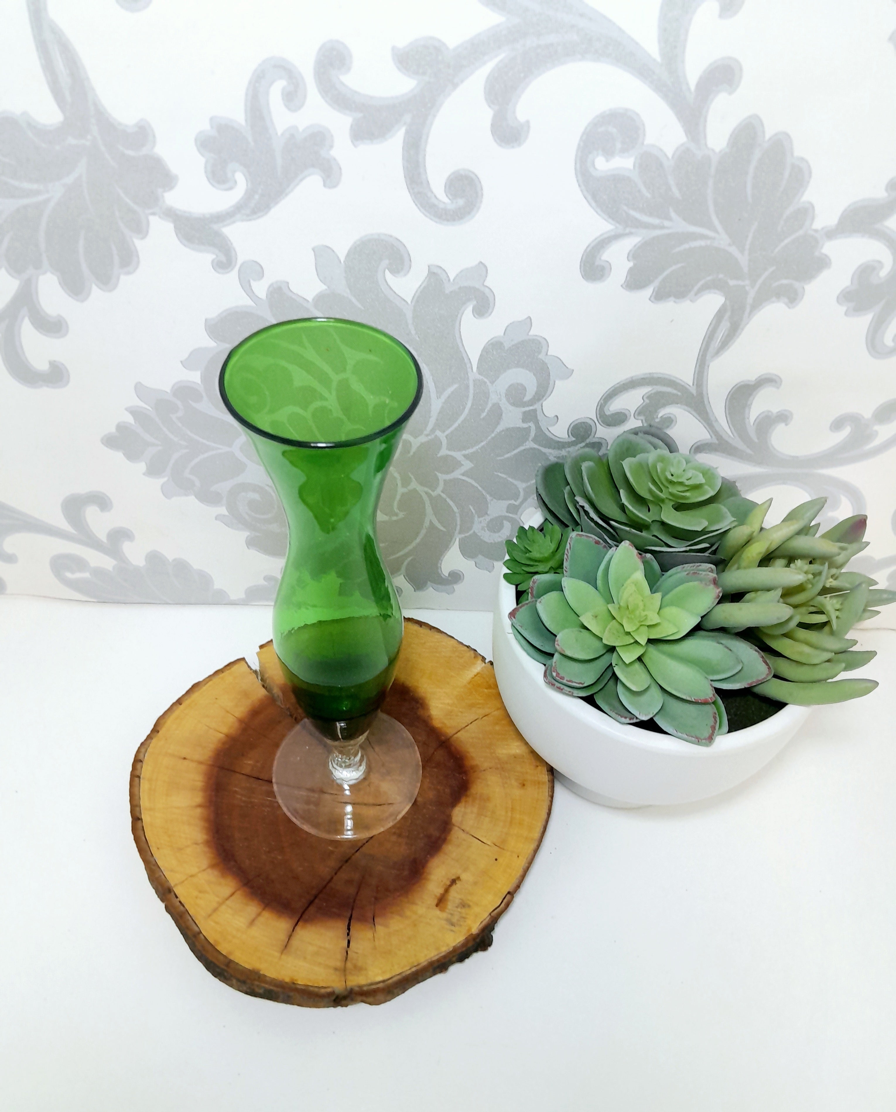 Vintage Green Glass Fluted Vase On Clear Swirl Stem
