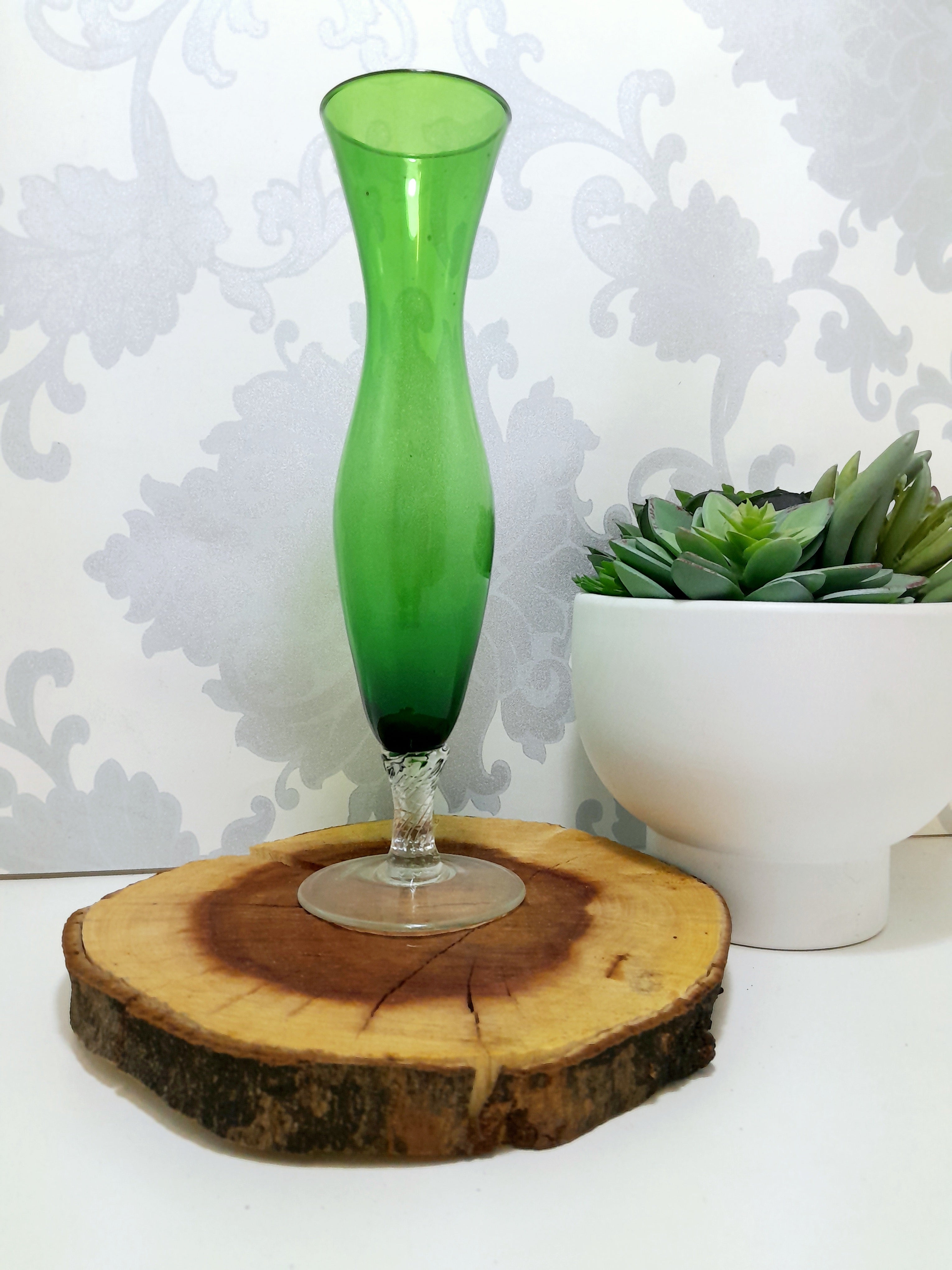 Vintage Green Glass Fluted Vase On Clear Swirl Stem