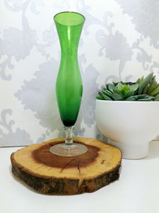 Vintage Green Glass Fluted Vase On Clear Swirl Stem