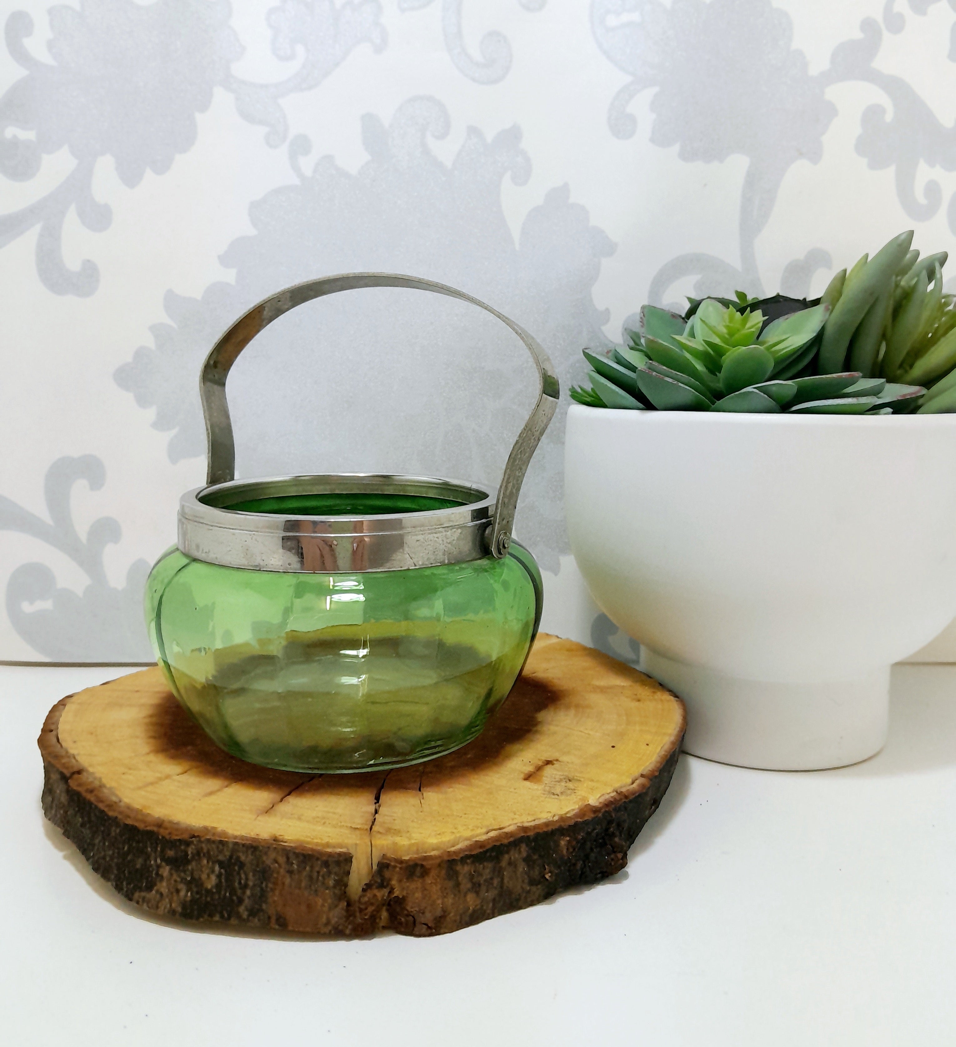 Green Glass Jar With Silver Collar & Handle
