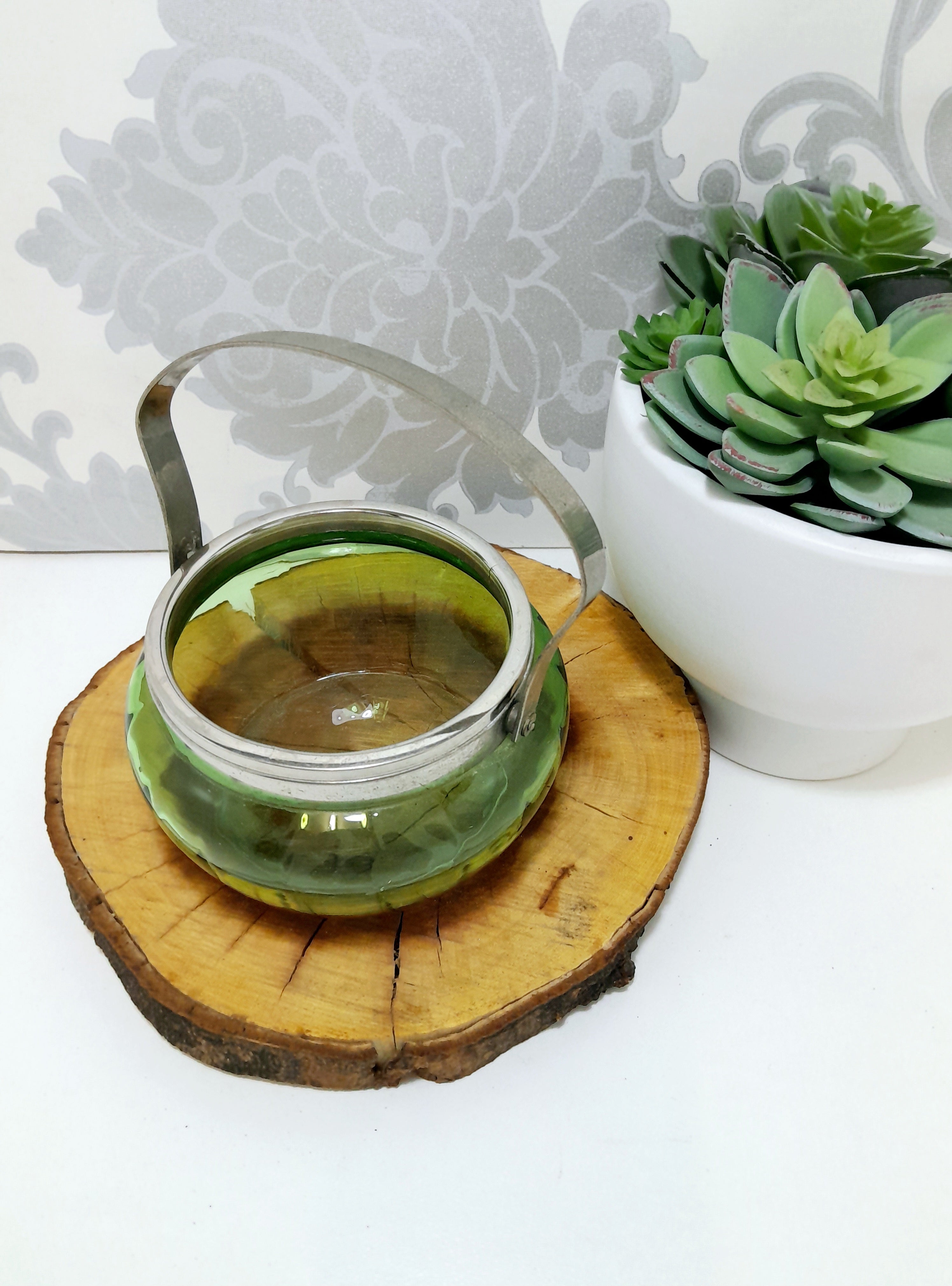 Green Glass Jar With Silver Collar & Handle