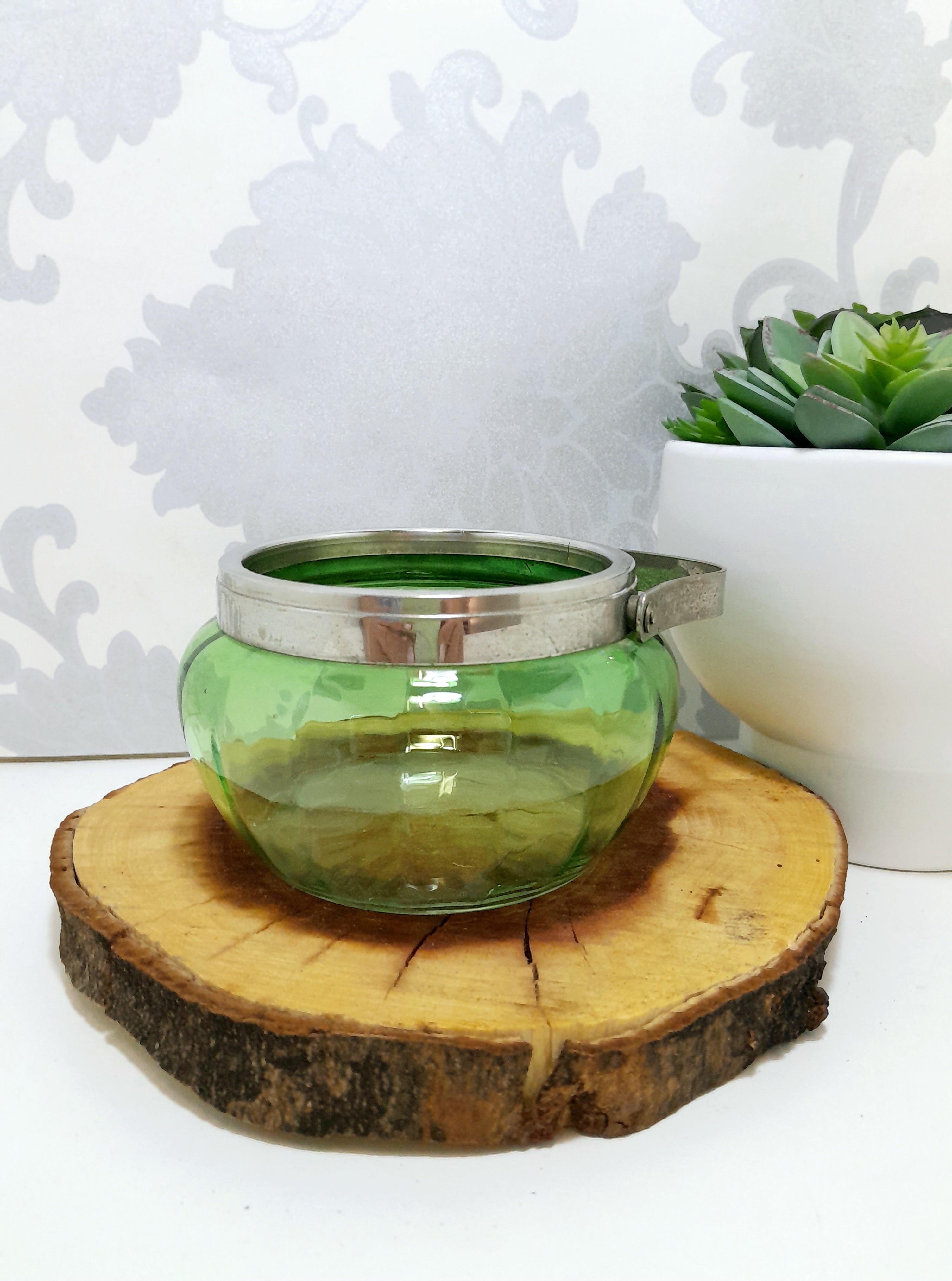 Green Glass Jar With Silver Collar & Handle