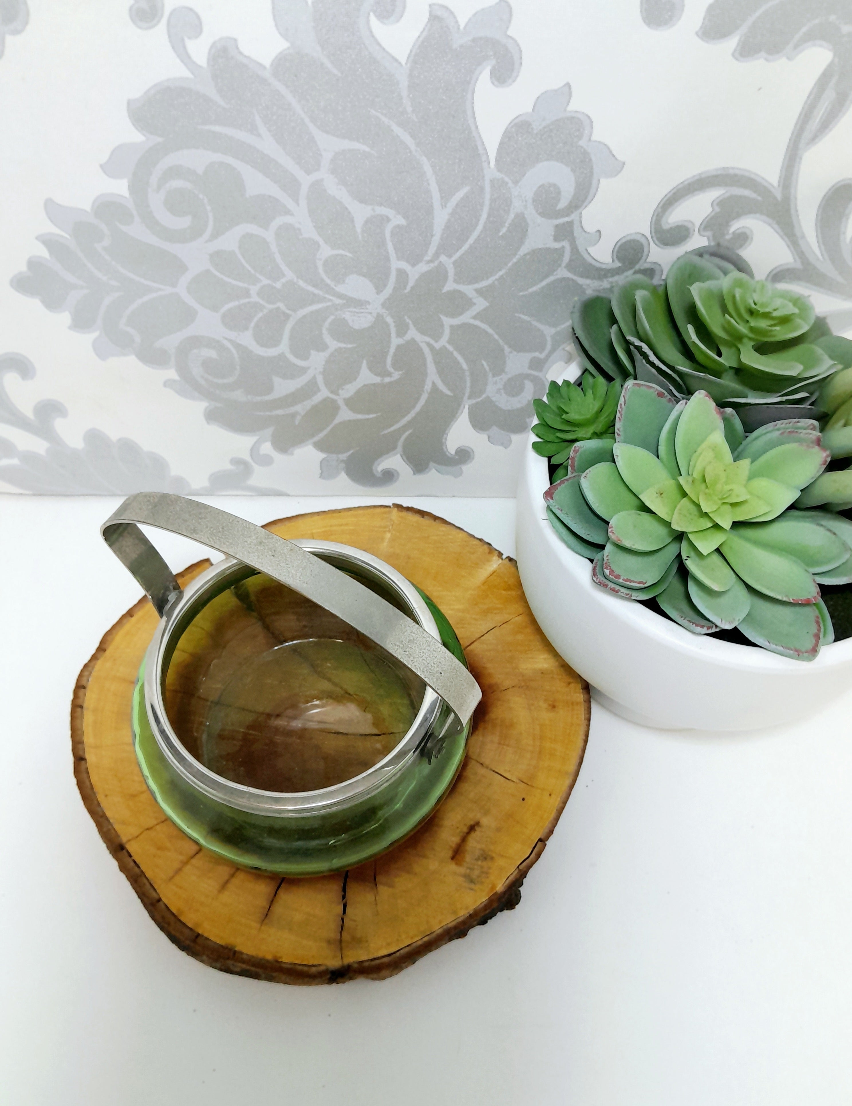 Green Glass Jar With Silver Collar & Handle