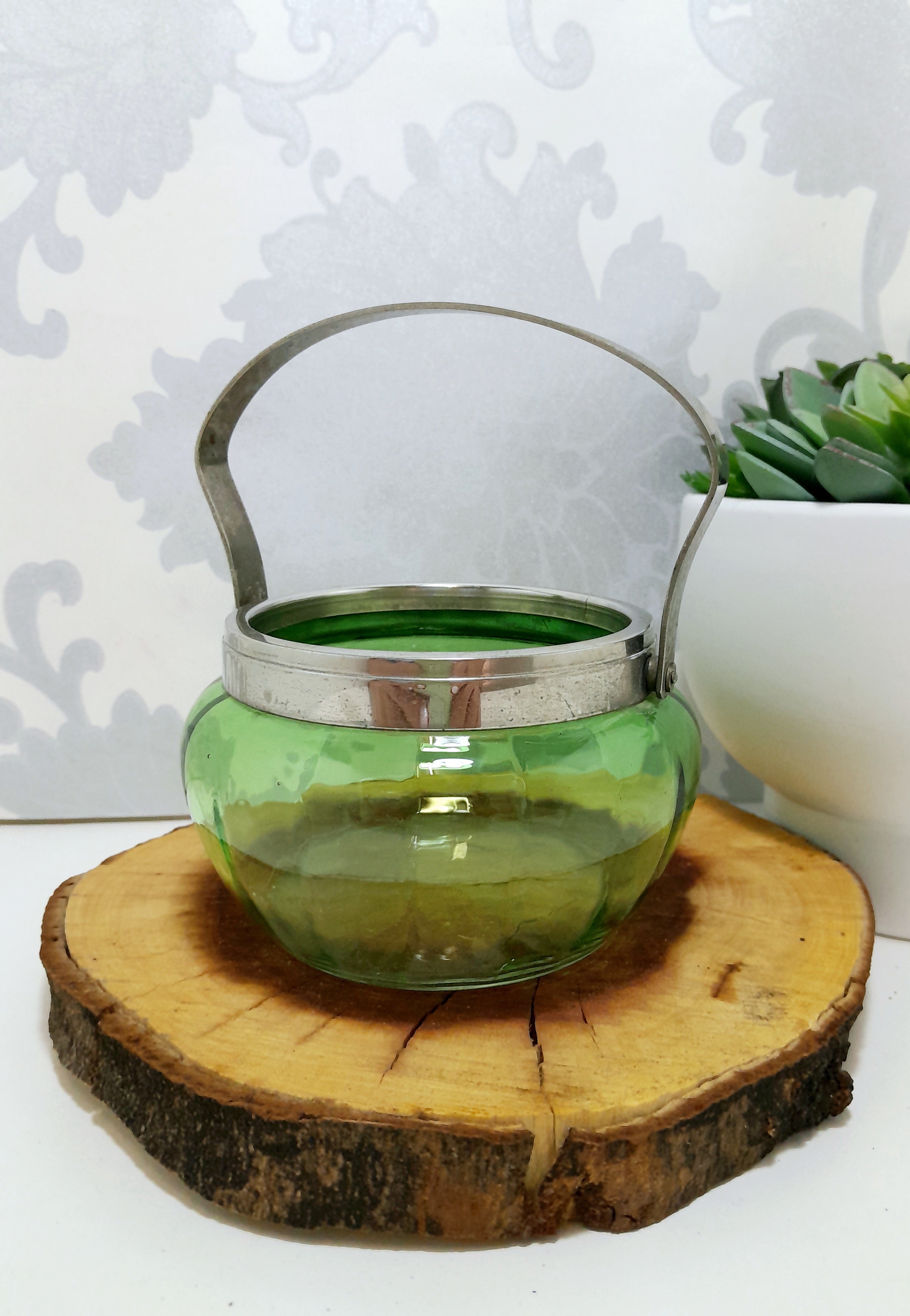 Green Glass Jar With Silver Collar & Handle