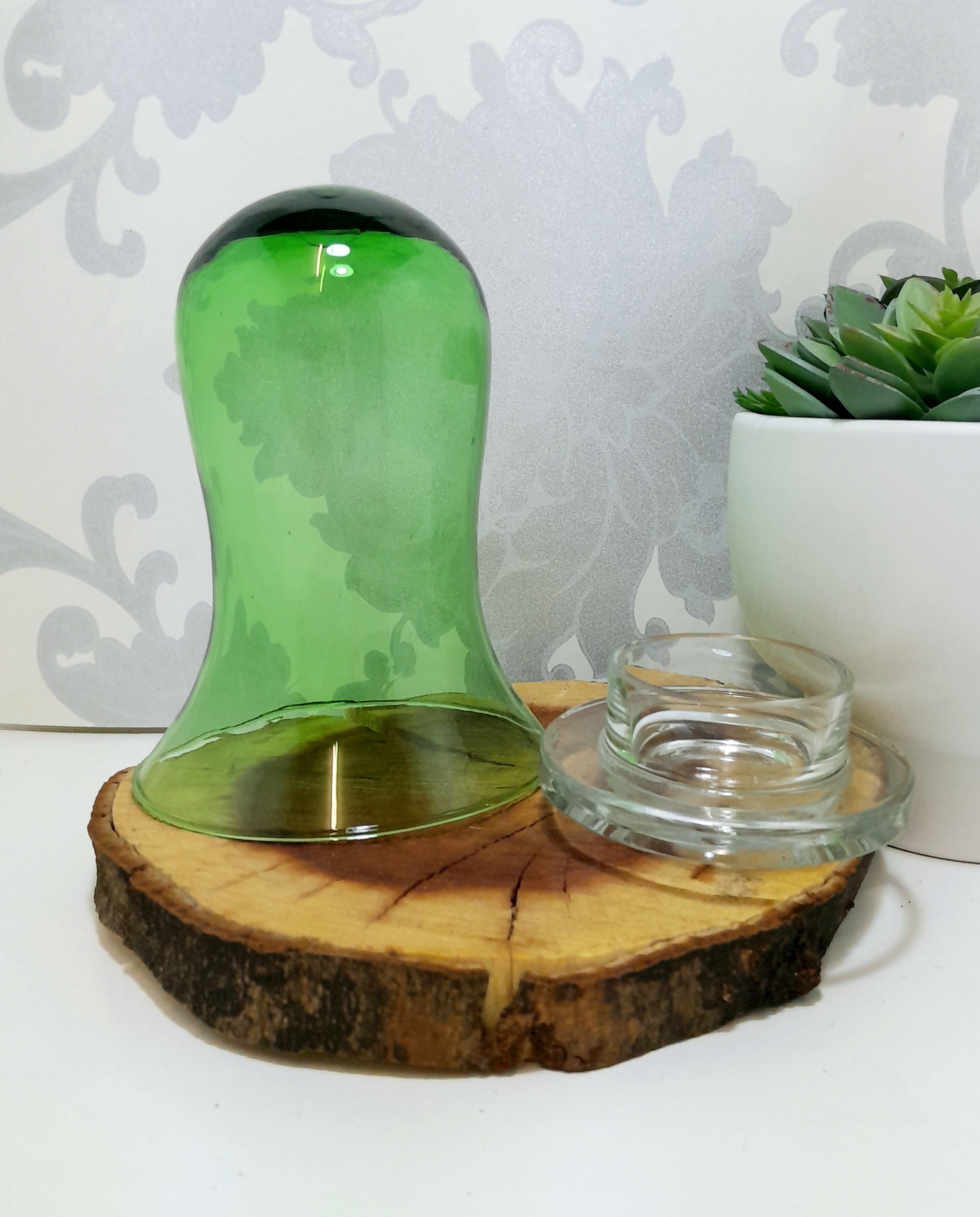 Green Glass Bell Shaped Dome With Loose Clear Glass Base