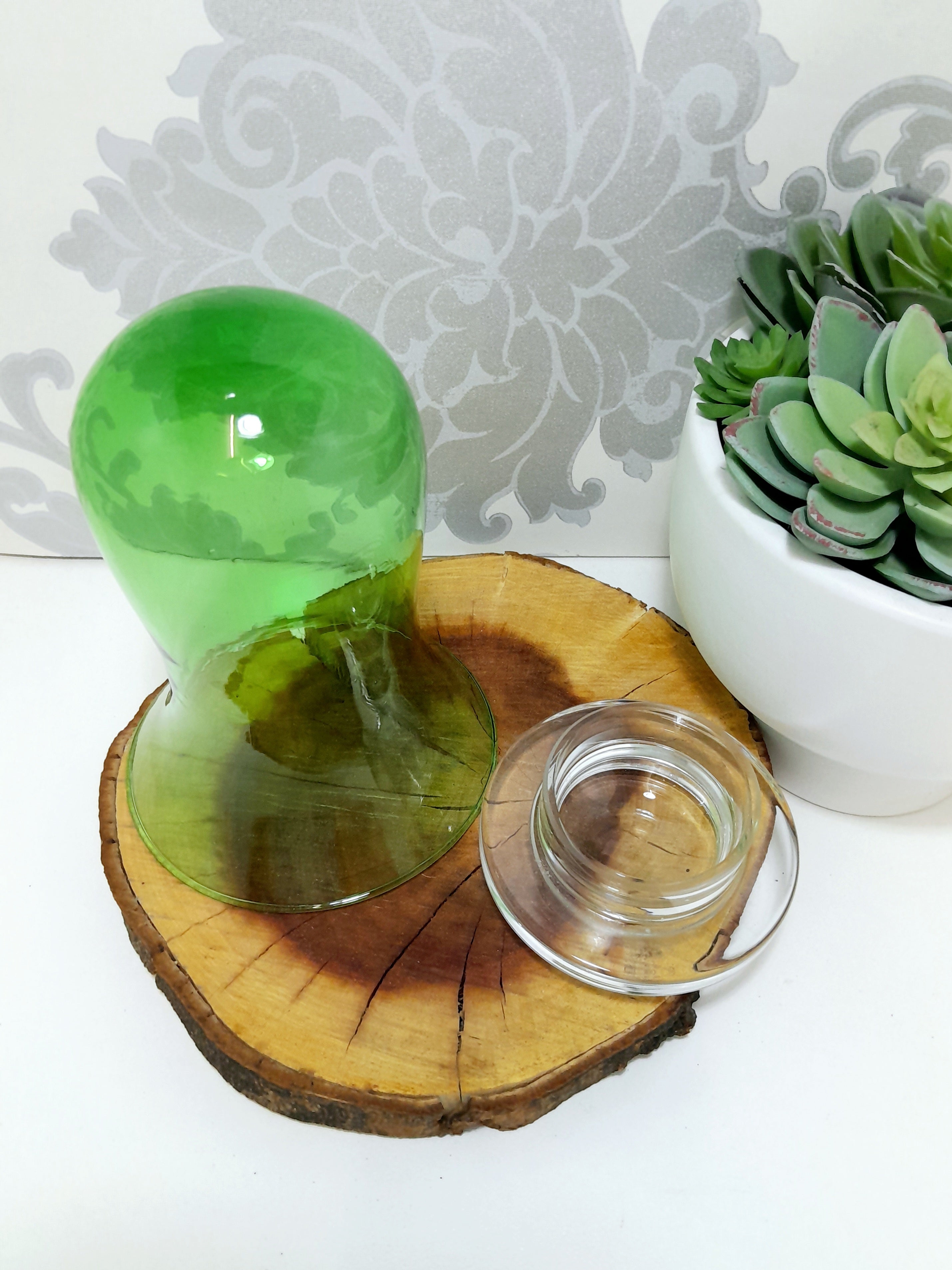 Green Glass Bell Shaped Dome With Loose Clear Glass Base