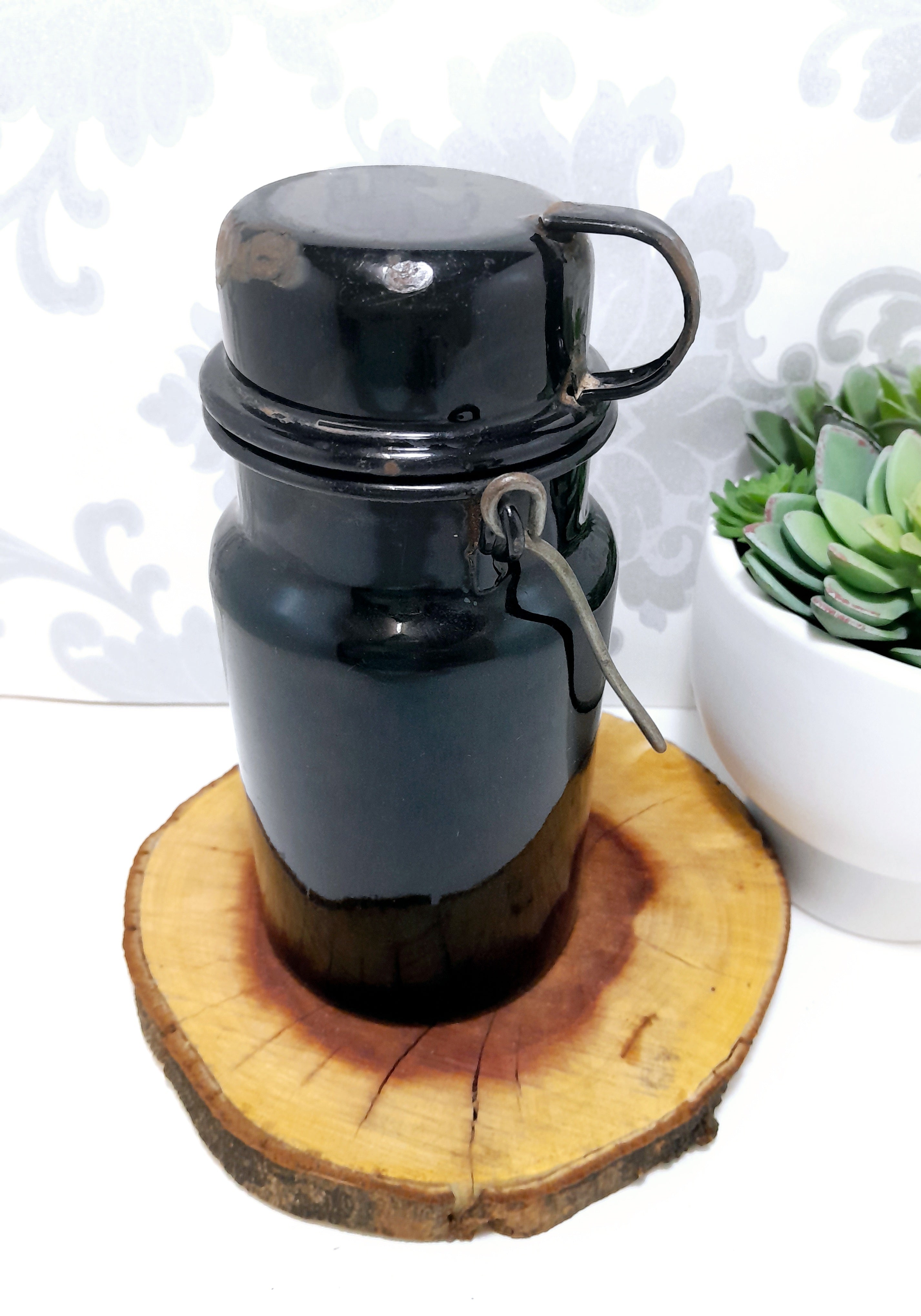 Antique Black & White Enamel Billy Can – Flask & Cup With Handle – Age Character