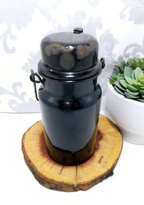 Antique Black & White Enamel Billy Can – Flask & Cup With Handle – Age Character