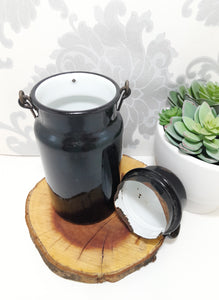 Antique Black & White Enamel Billy Can – Flask & Cup With Handle – Age Character