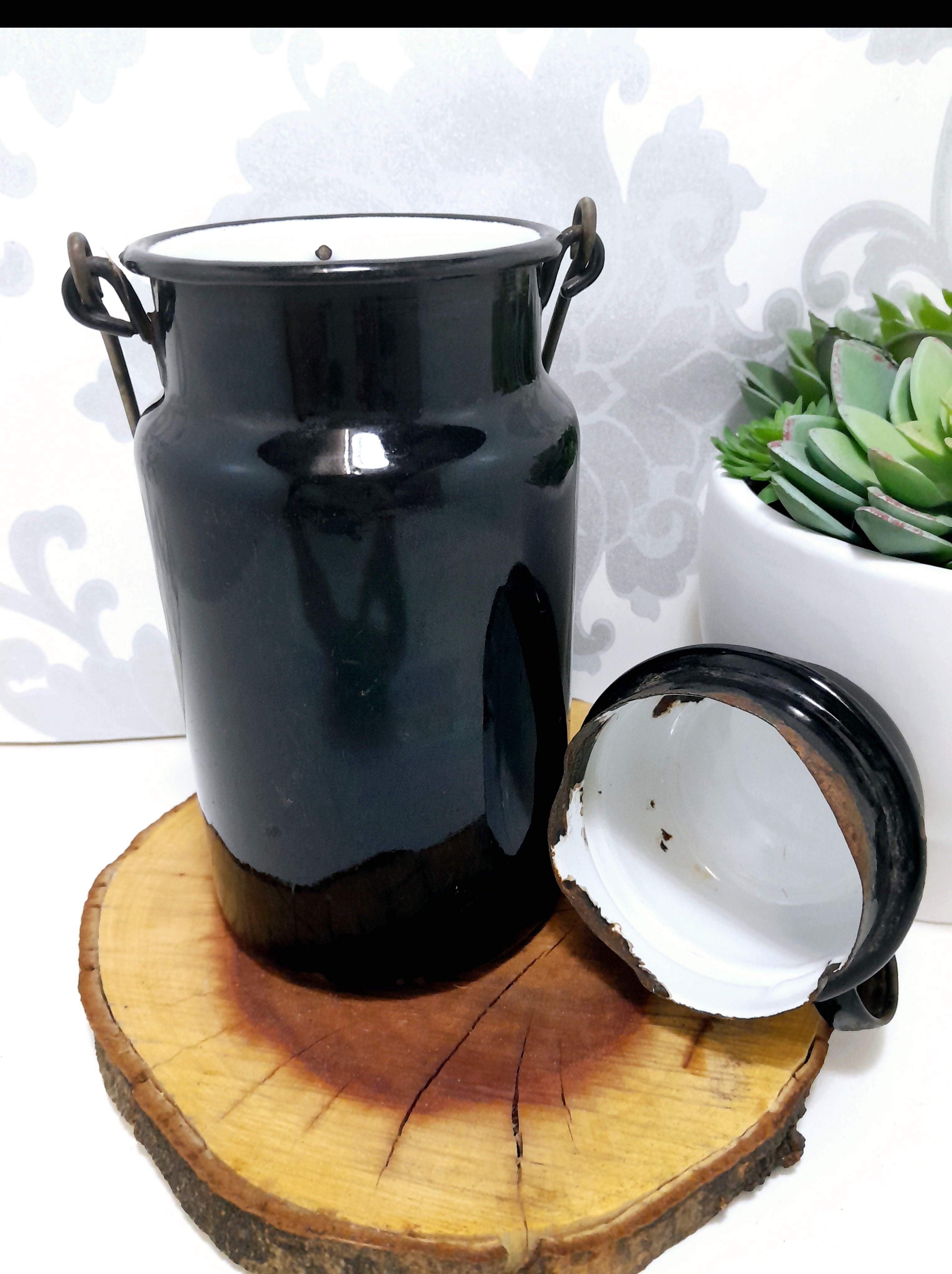 Antique Black & White Enamel Billy Can – Flask & Cup With Handle – Age Character