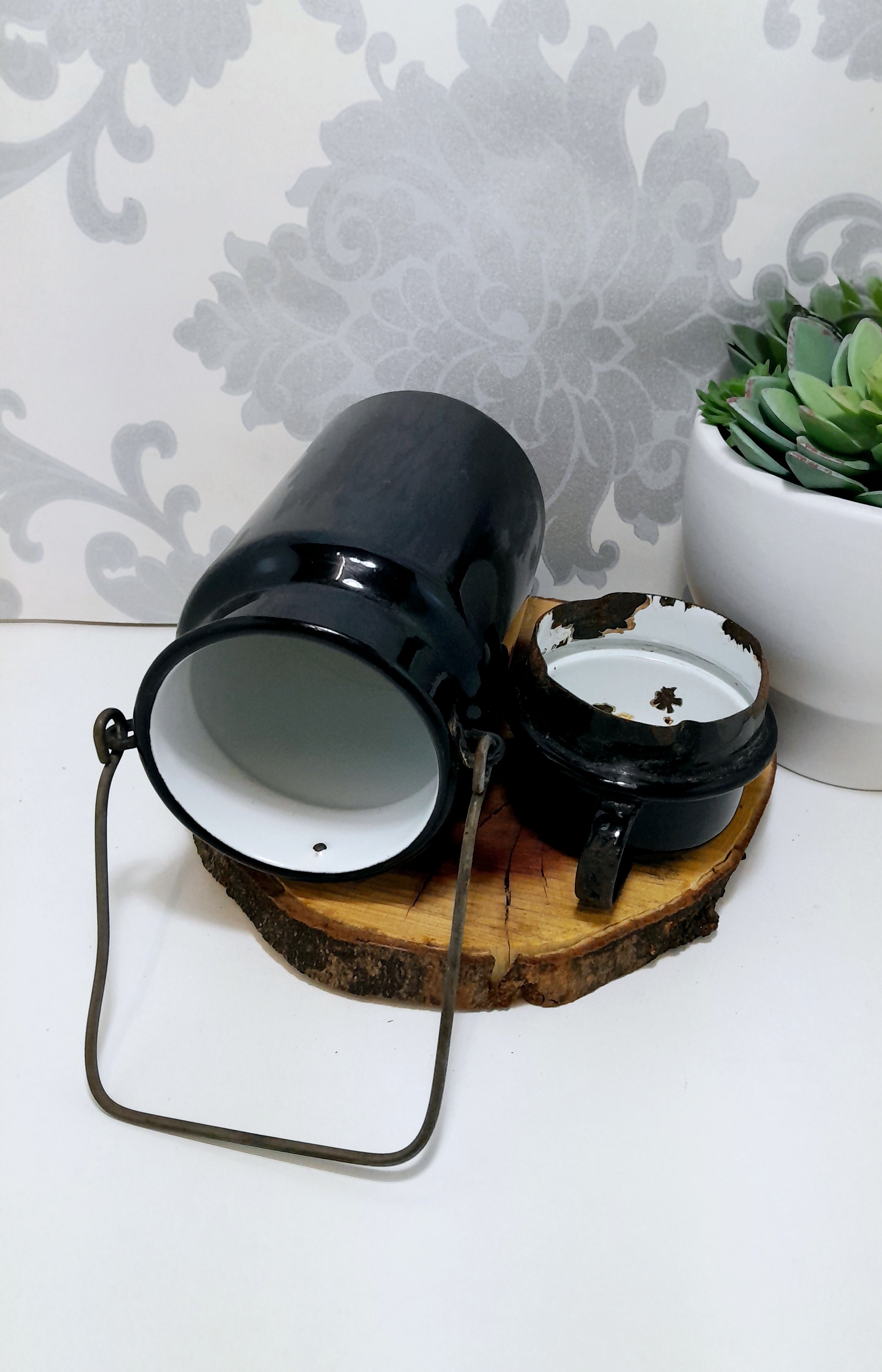Antique Black & White Enamel Billy Can – Flask & Cup With Handle – Age Character