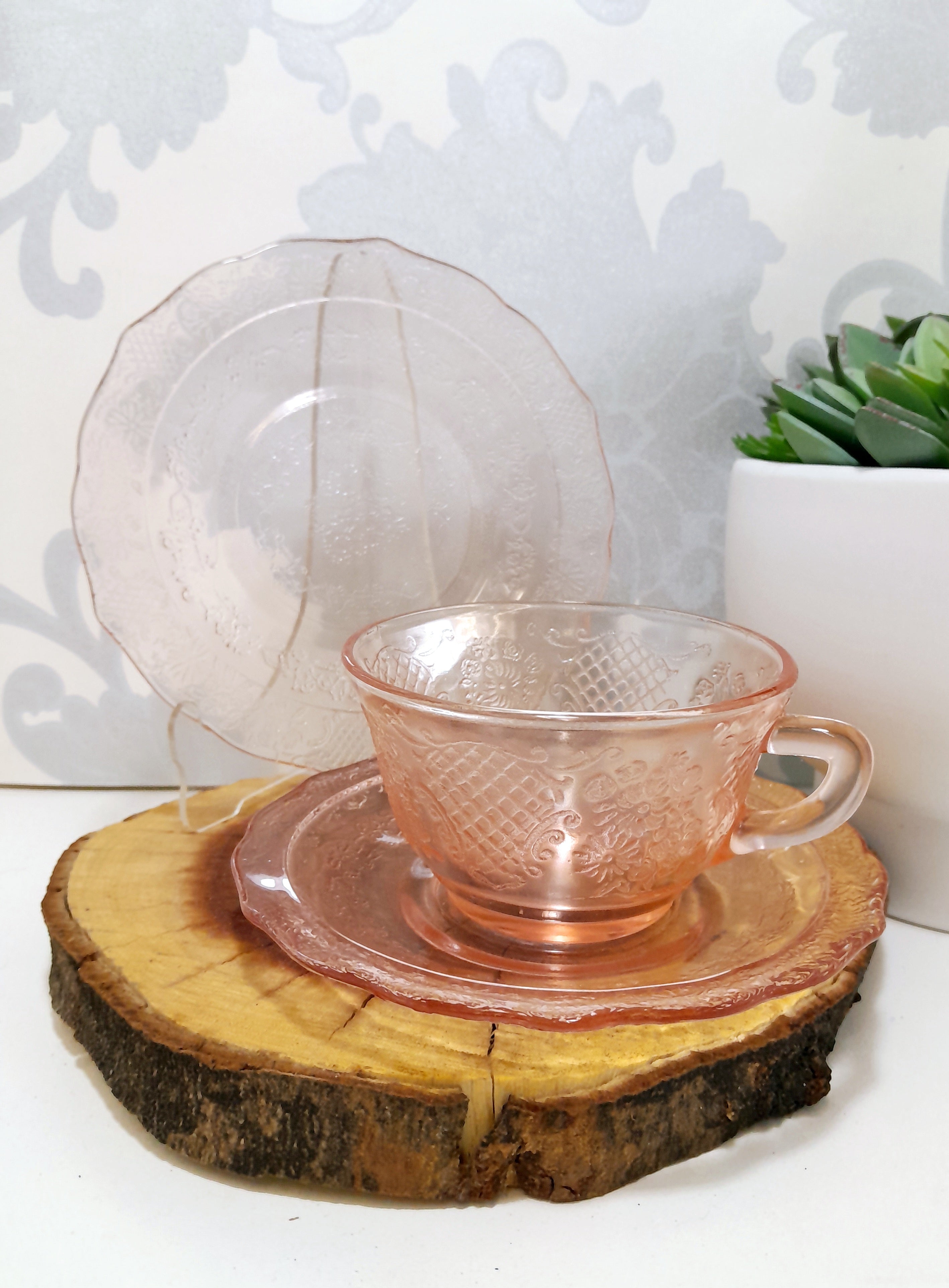 Gorgeous Salmon Pink Glass Trio – Cup, Saucer & Tea Plate