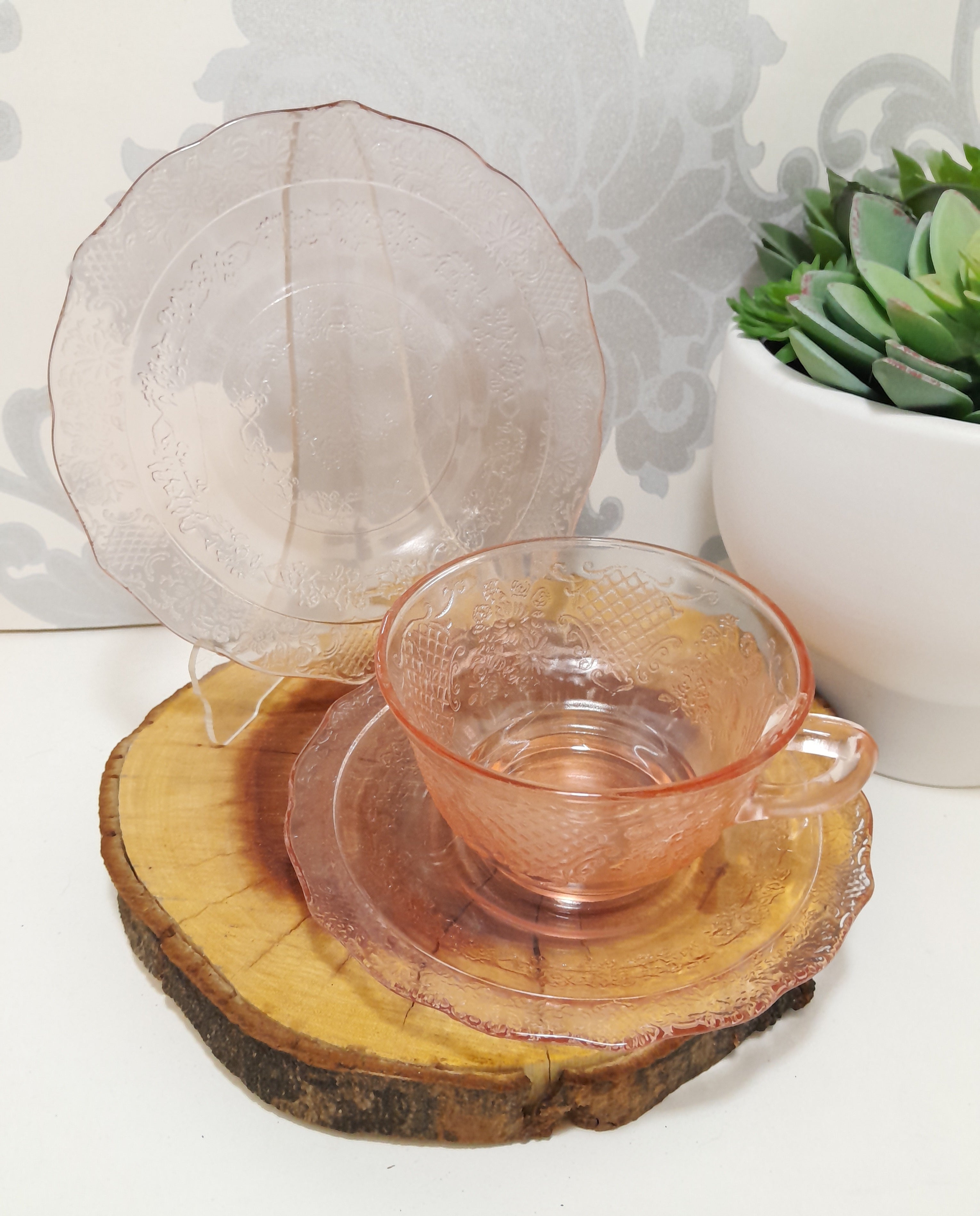 Gorgeous Salmon Pink Glass Trio – Cup, Saucer & Tea Plate