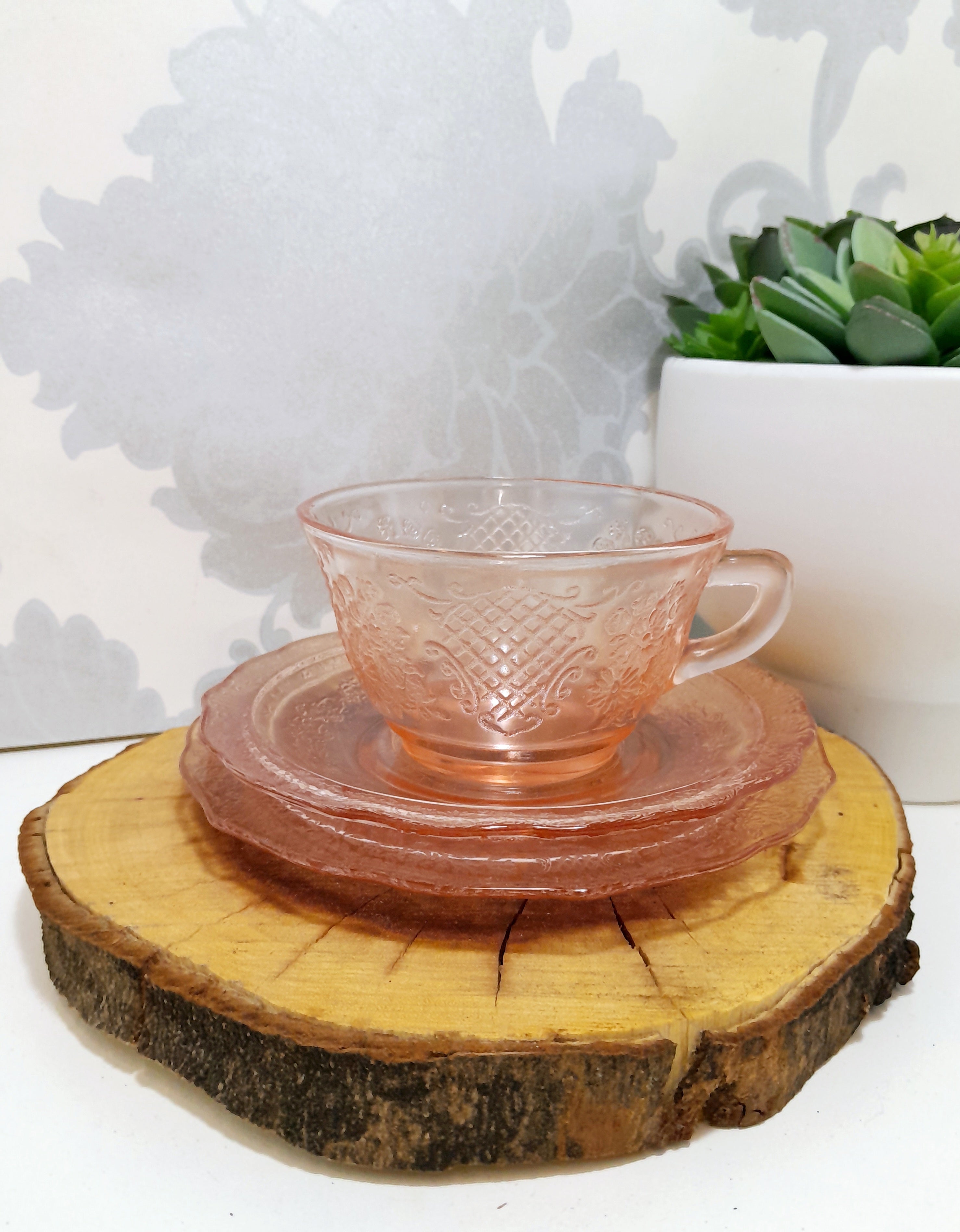 Gorgeous Salmon Pink Glass Trio – Cup, Saucer & Tea Plate