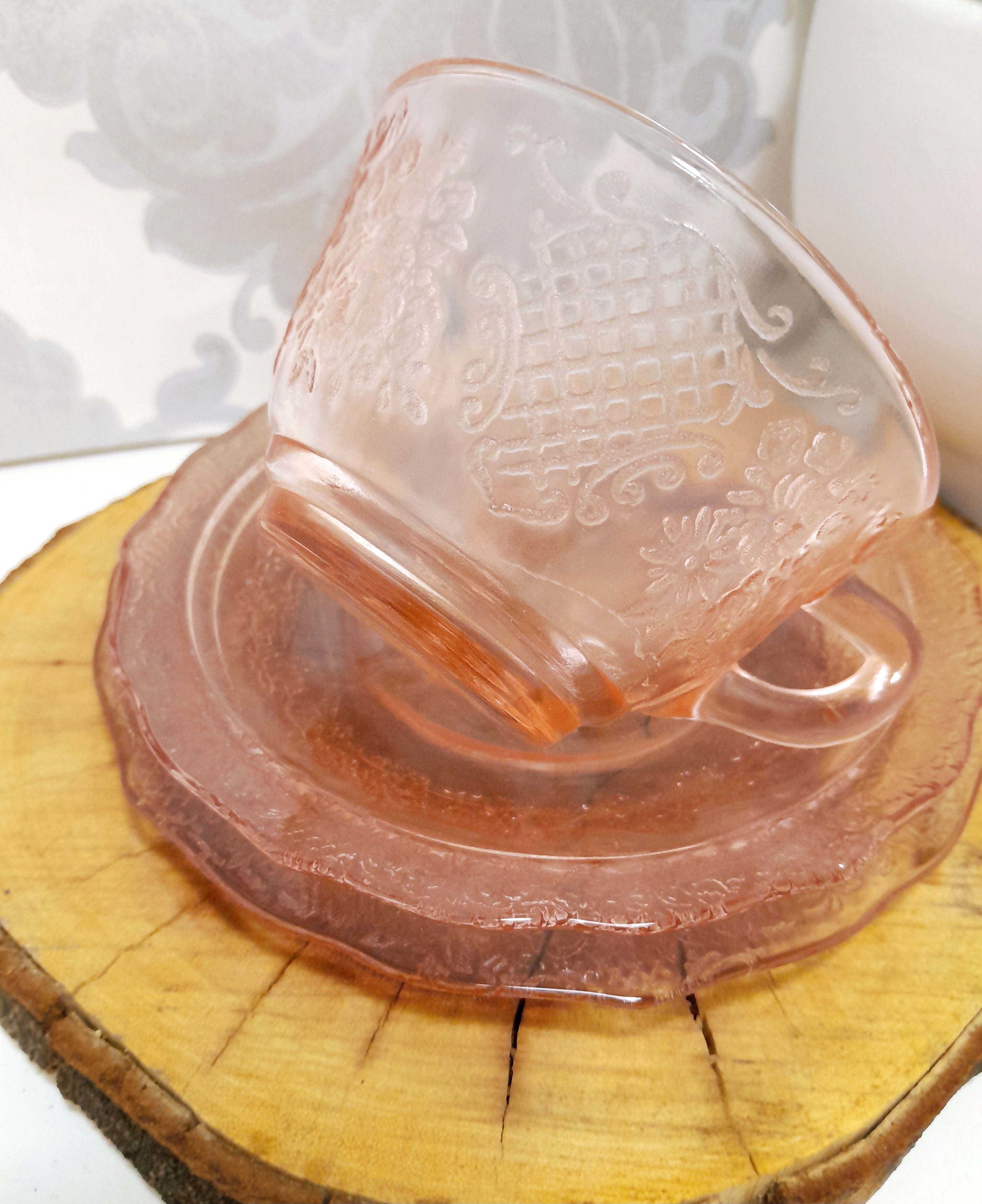Gorgeous Salmon Pink Glass Trio – Cup, Saucer & Tea Plate