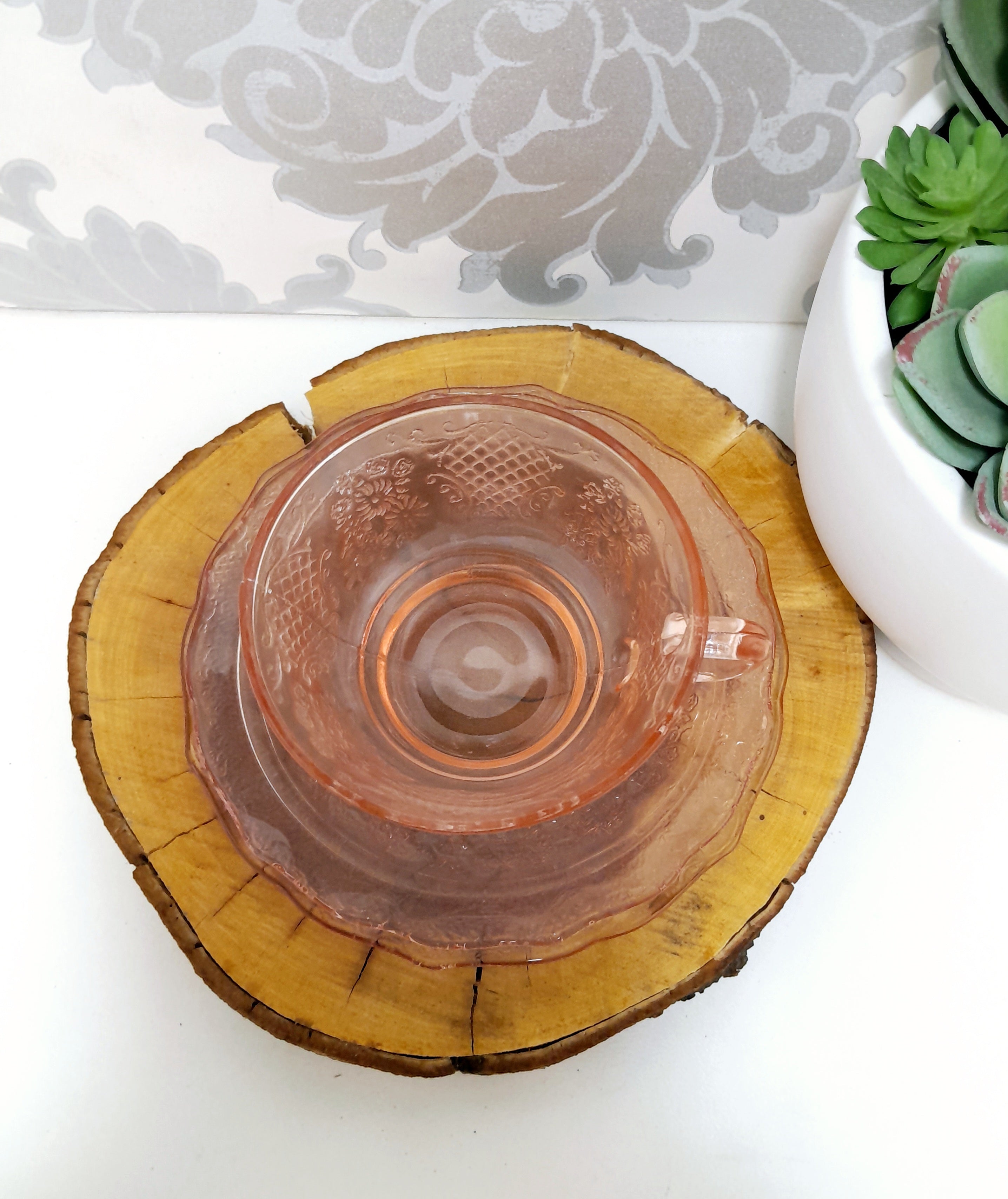 Gorgeous Salmon Pink Glass Trio – Cup, Saucer & Tea Plate