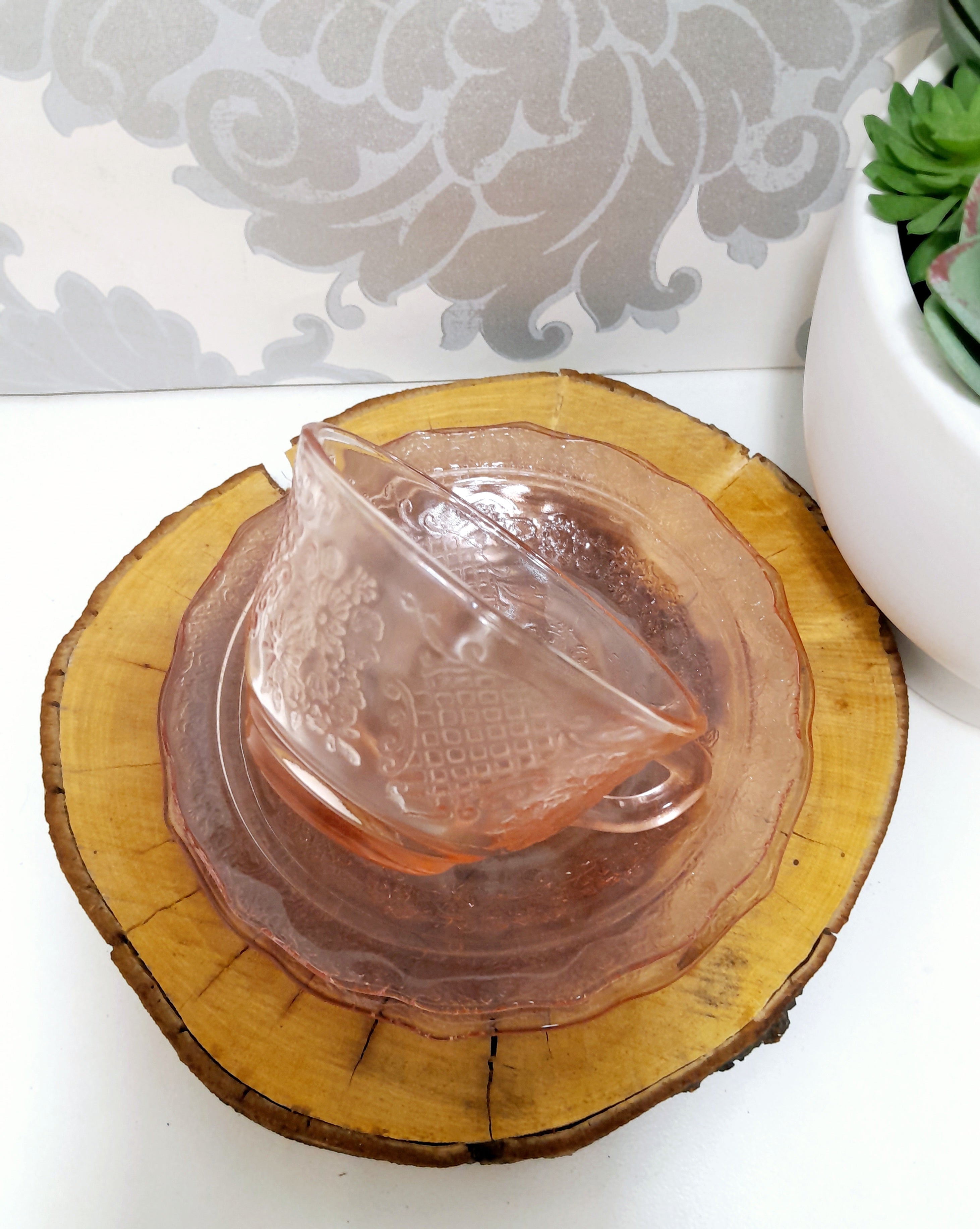 Gorgeous Salmon Pink Glass Trio – Cup, Saucer & Tea Plate