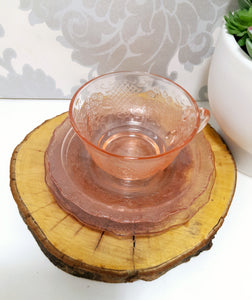 Gorgeous Salmon Pink Glass Trio – Cup, Saucer & Tea Plate