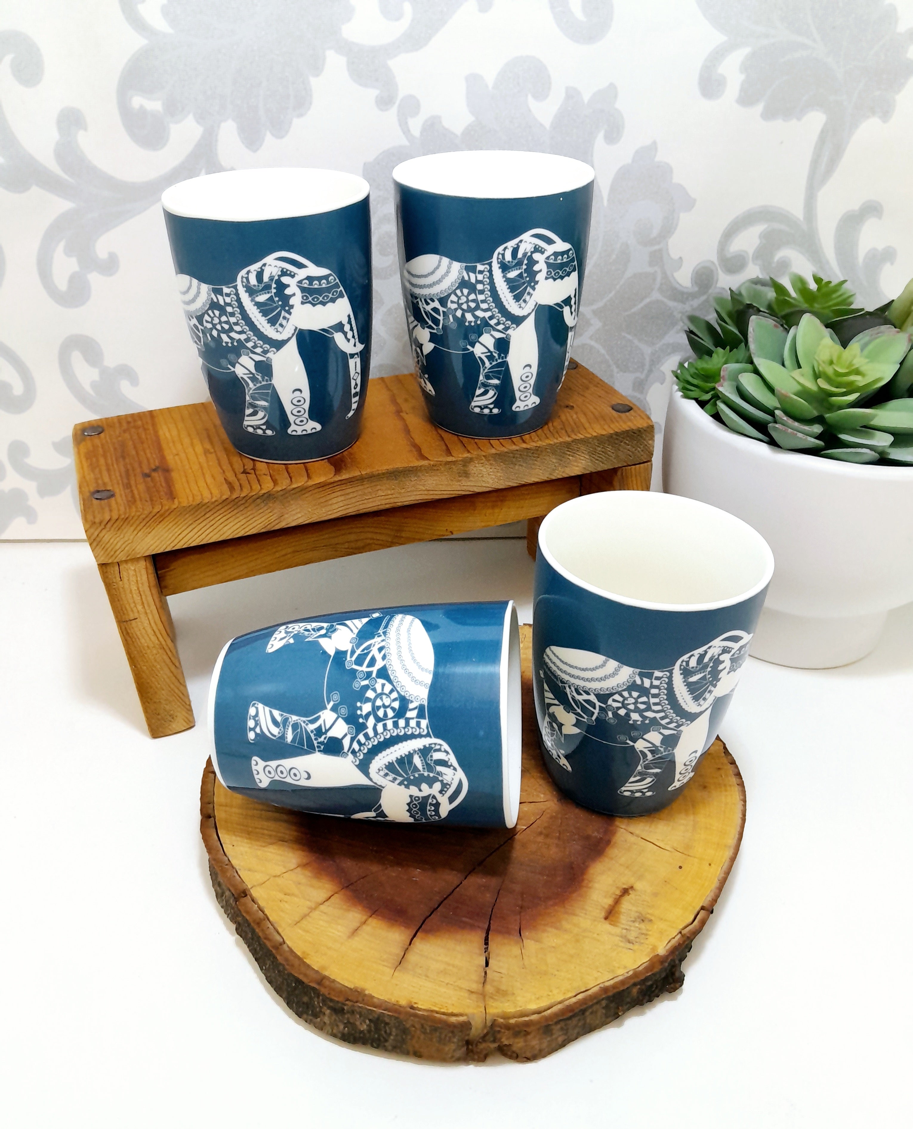 Set Of 4 Blue & White Bone China Mugs With Elephant Print