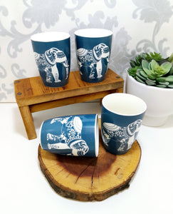 Set Of 4 Blue & White Bone China Mugs With Elephant Print