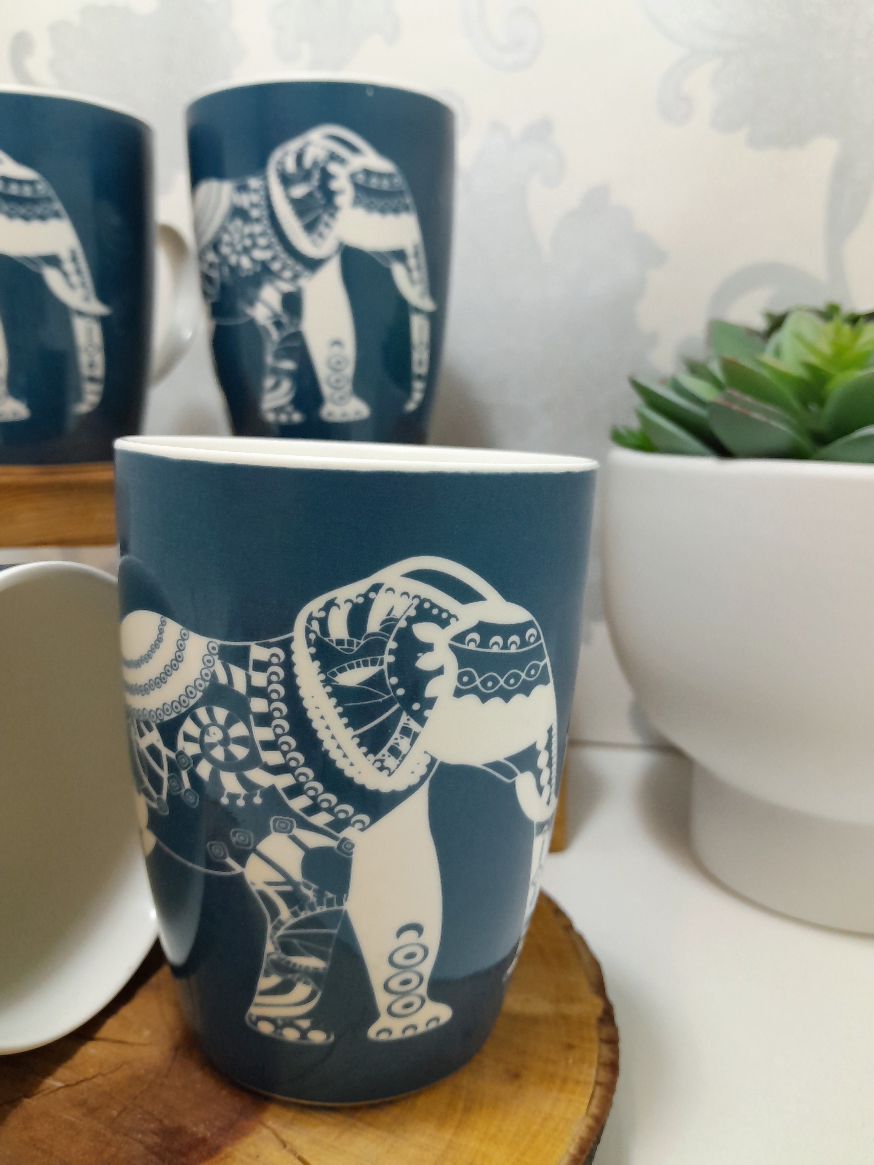Set Of 4 Blue & White Bone China Mugs With Elephant Print