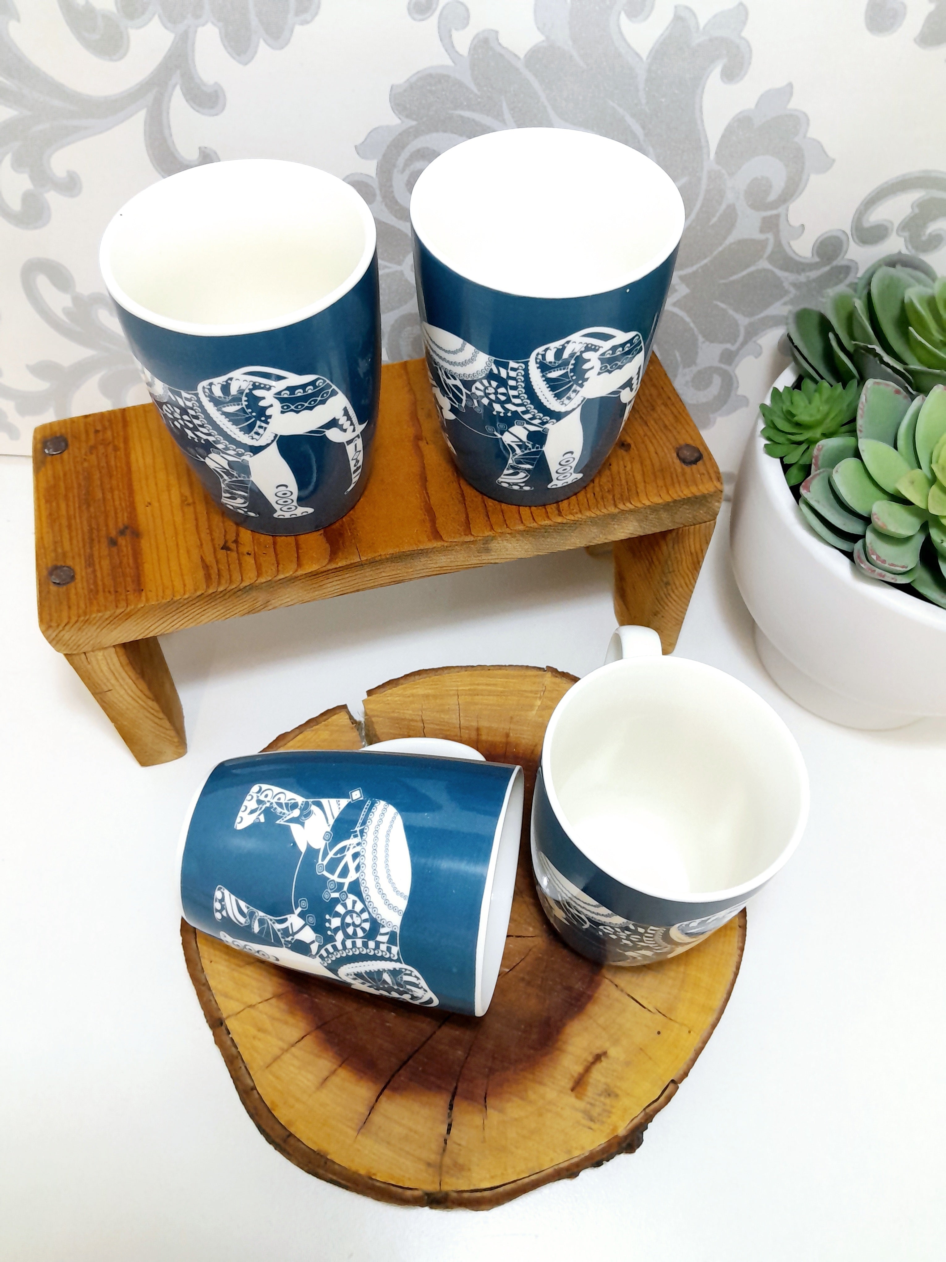 Set Of 4 Blue & White Bone China Mugs With Elephant Print