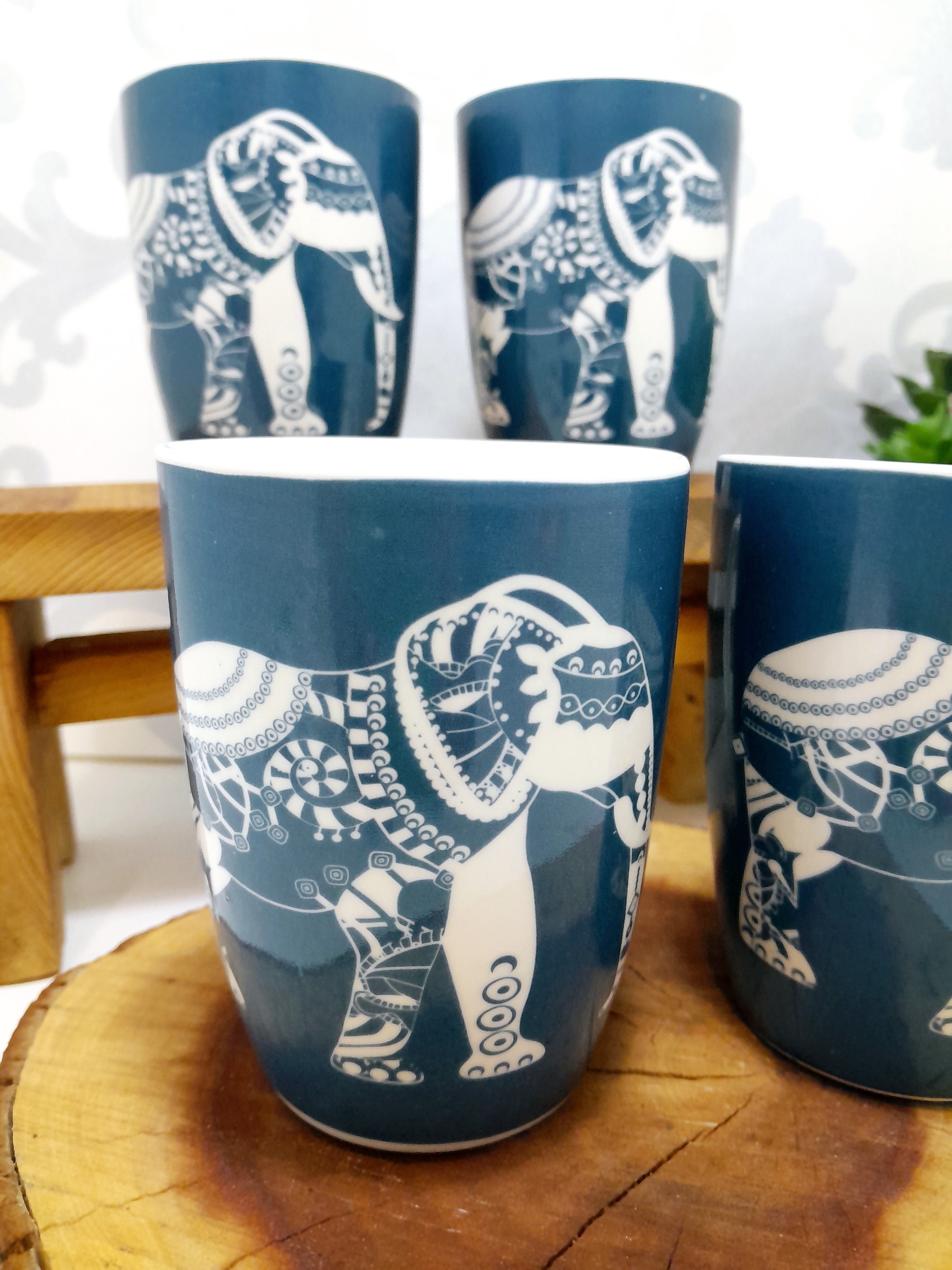 Set Of 4 Blue & White Bone China Mugs With Elephant Print