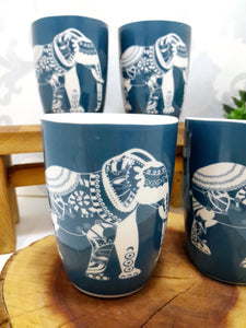 Set Of 4 Blue & White Bone China Mugs With Elephant Print