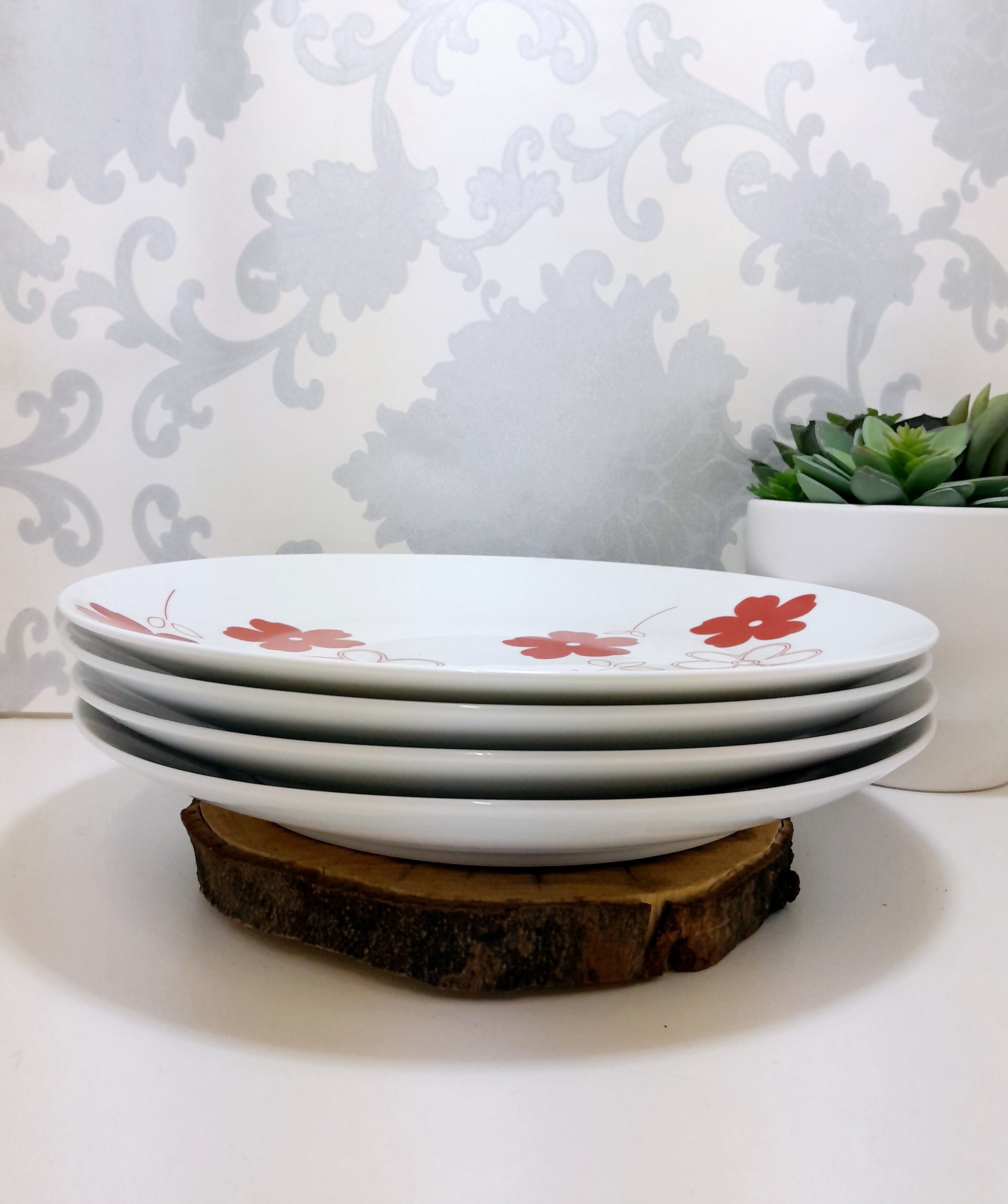Contemporary Set Of 4 Extra Large Porcelain Dinner Plates – Red & White
