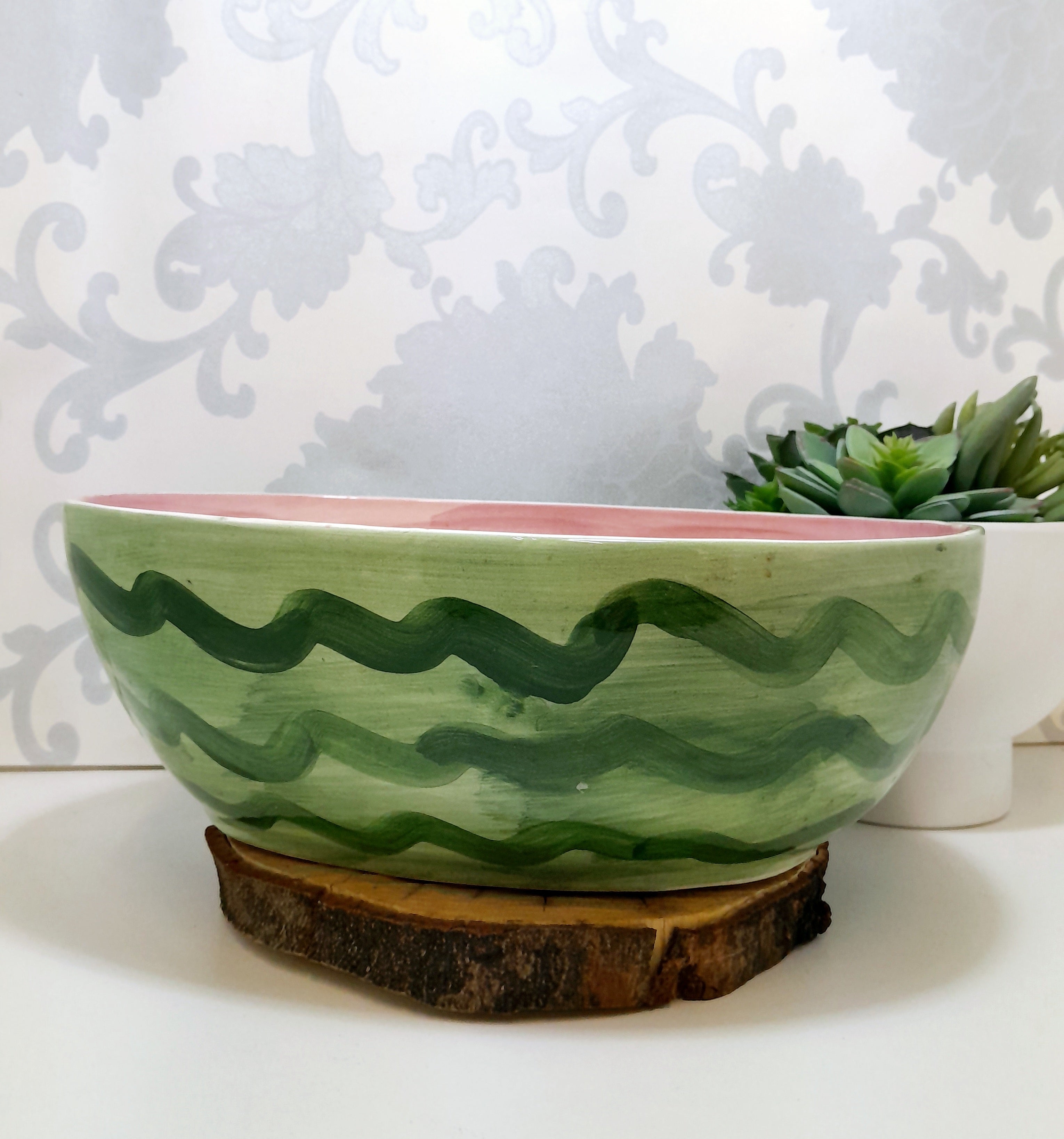 Large Oval Shaped Ceramic Hand Painted & Glazed Fruit / Salad Bowl