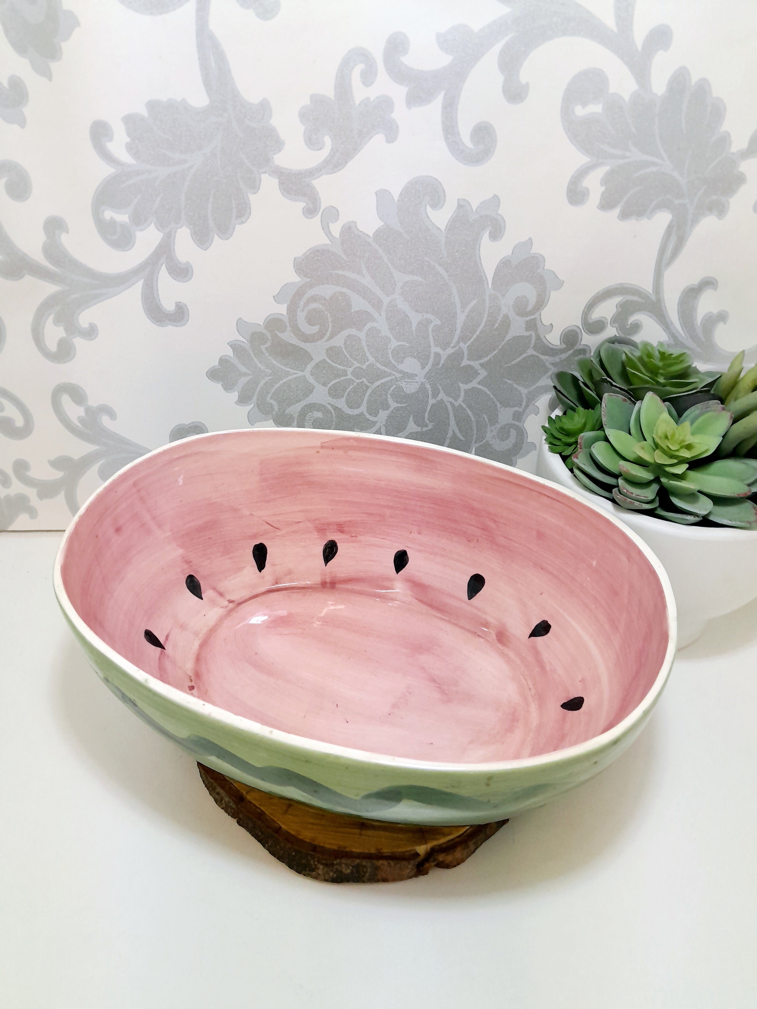 Large Oval Shaped Ceramic Hand Painted & Glazed Fruit / Salad Bowl