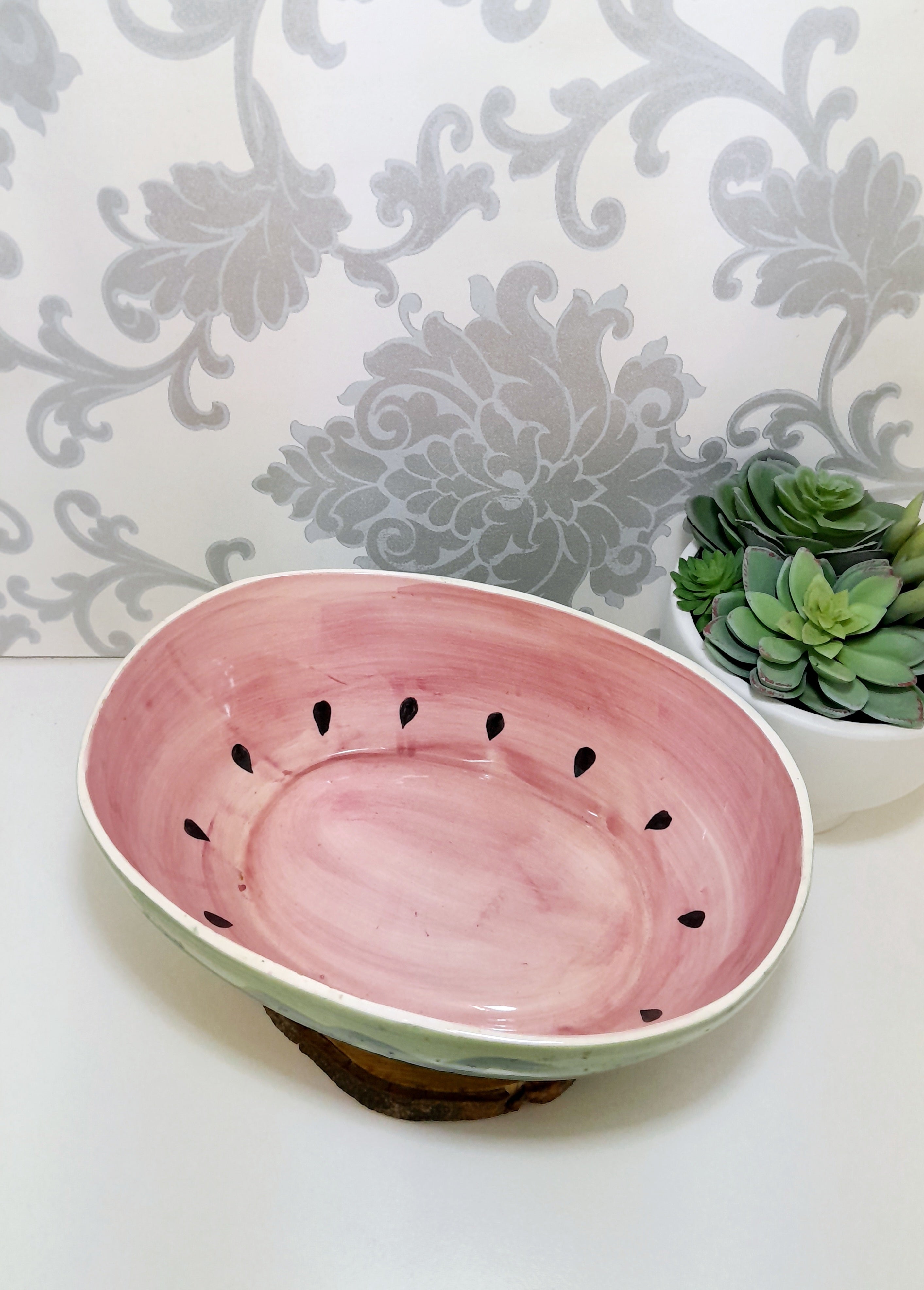 Large Oval Shaped Ceramic Hand Painted & Glazed Fruit / Salad Bowl