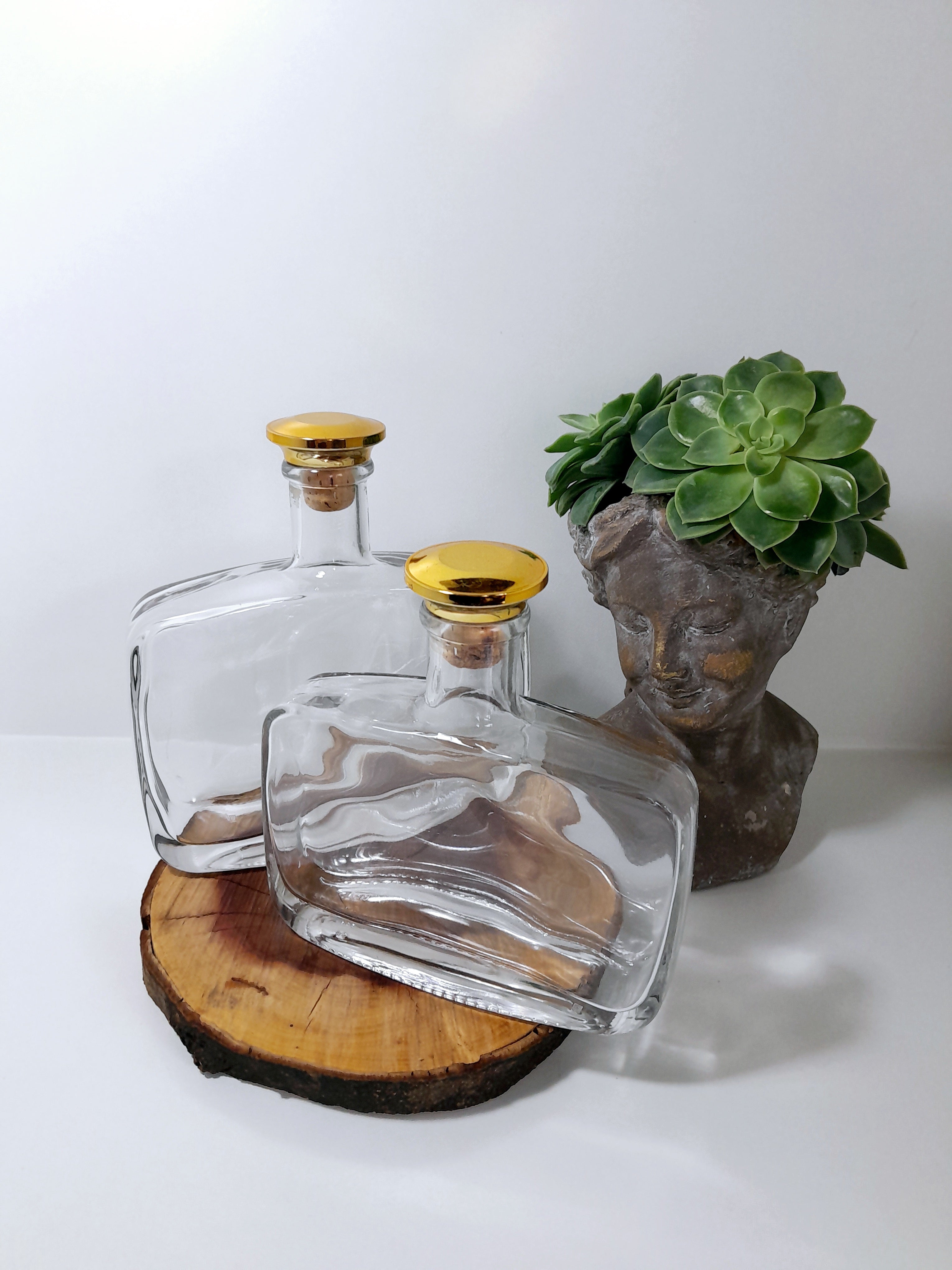 Two Heavy Glass Rectangular Graduating Decanters