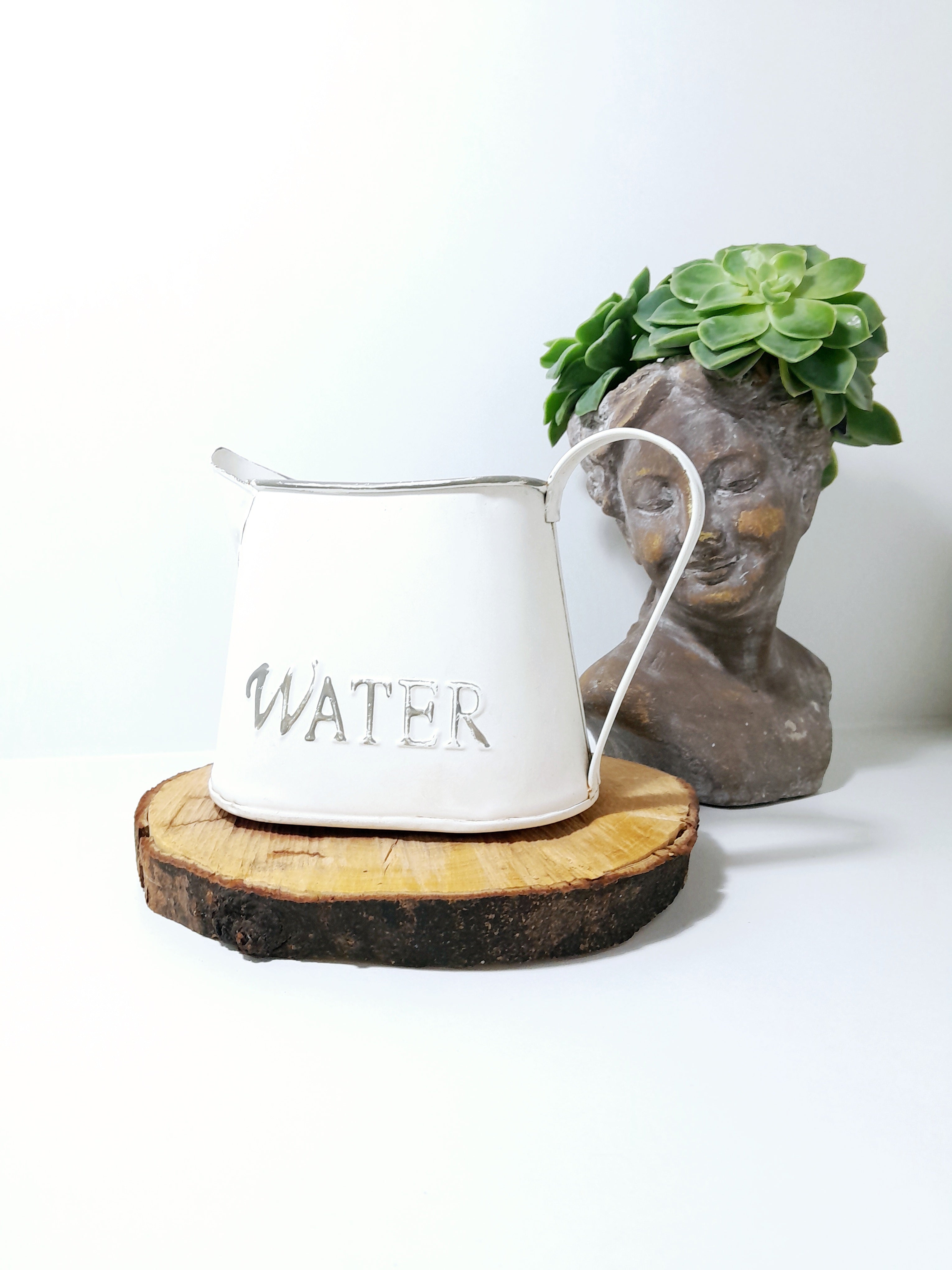 Off White Metal Water Jug With Grey Rim & Embossed “Water”