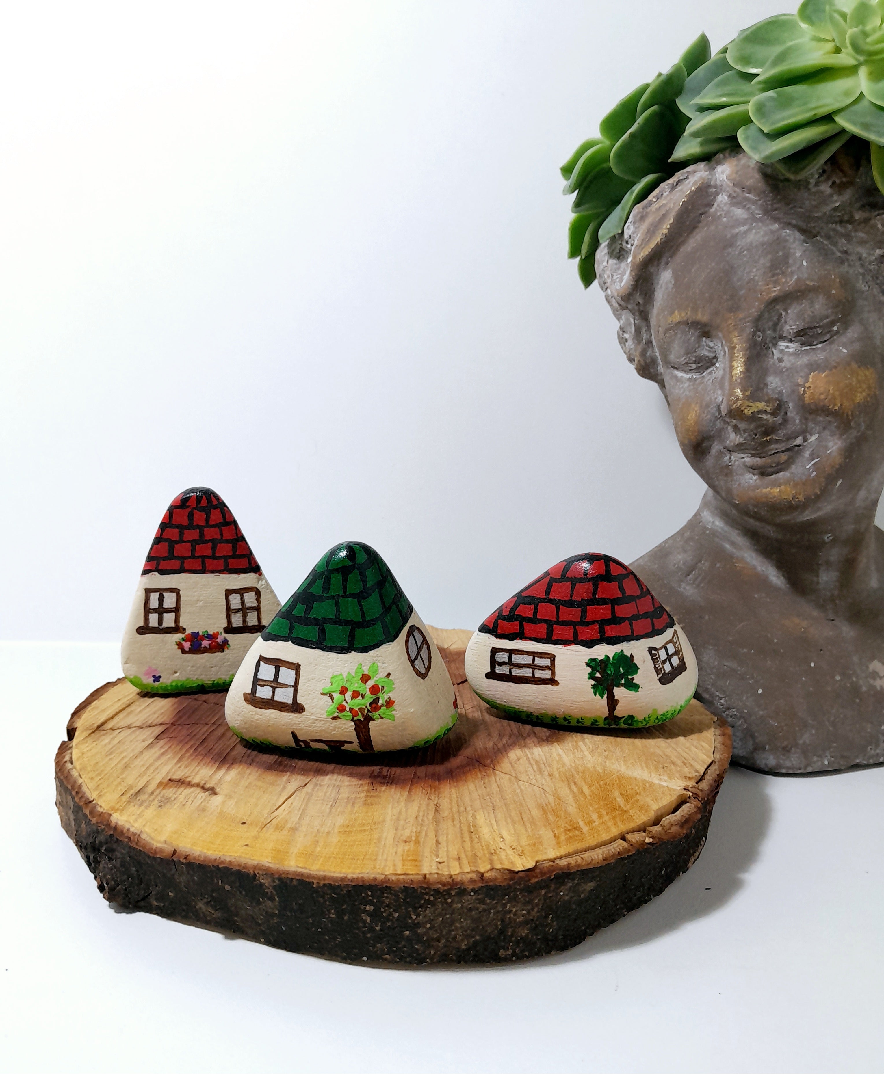 Set Of 3 Quirky Multi-Coloured Hand Painted Dwarf House Rocks